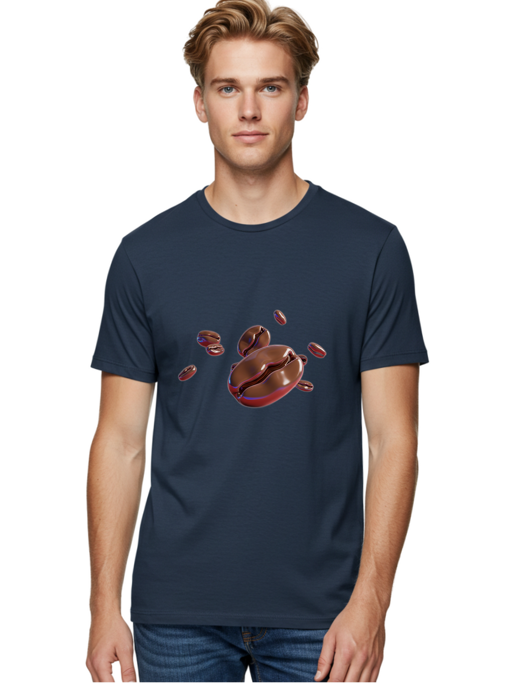 Coffee-Beans-1 Men'S Graphic Tee, 100% Cotton, Comfortable Casual Summer Wear, Machine Washable, Roasted Coffee Beans, Dark Brown, Shiny, Scattered, Coffee Break, Morning Pick-Me-Up, Caffeinated, Energy Boost Baa336