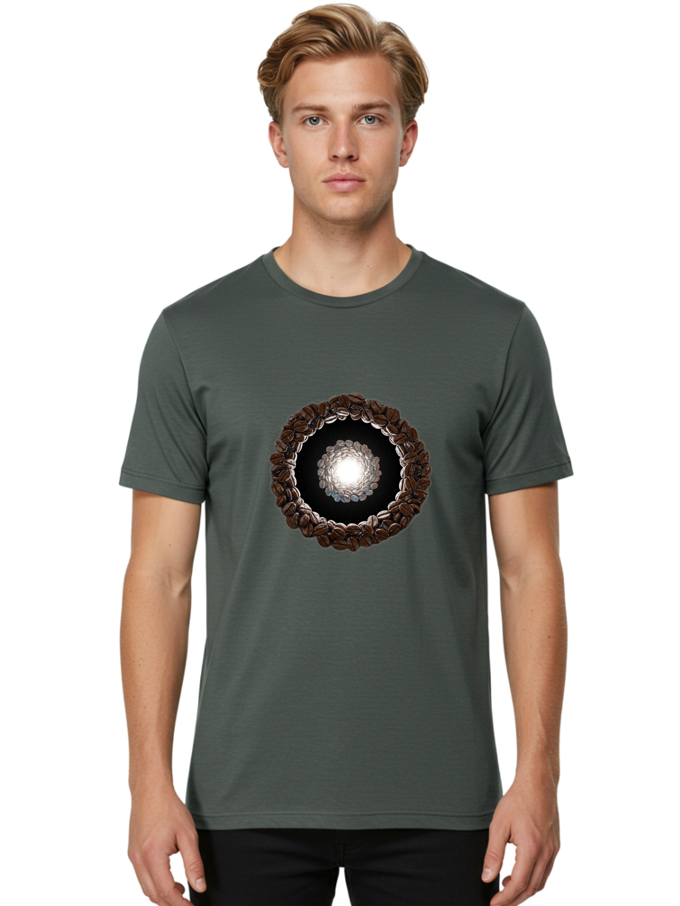Coffee-Beans-Circle Men'S Graphic Tee, 100% Cotton, Comfortable Casual Summer Wear, Machine Washable, Circle Of Coffee Beans, Coffee Bean Wreath, Gourmet Coffee, Coffee Lover, Coffee Culture, Coffee Art, Bean Arrangement, Symmetrical Design, Baa337