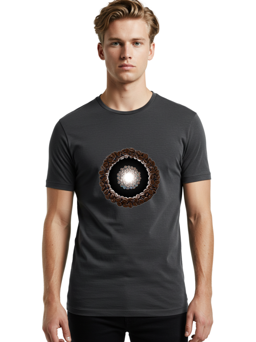 Coffee-Beans-Circle Men'S Graphic Tee, 100% Cotton, Comfortable Casual Summer Wear, Machine Washable, Circle Of Coffee Beans, Coffee Bean Wreath, Gourmet Coffee, Coffee Lover, Coffee Culture, Coffee Art, Bean Arrangement, Symmetrical Design, Baa337