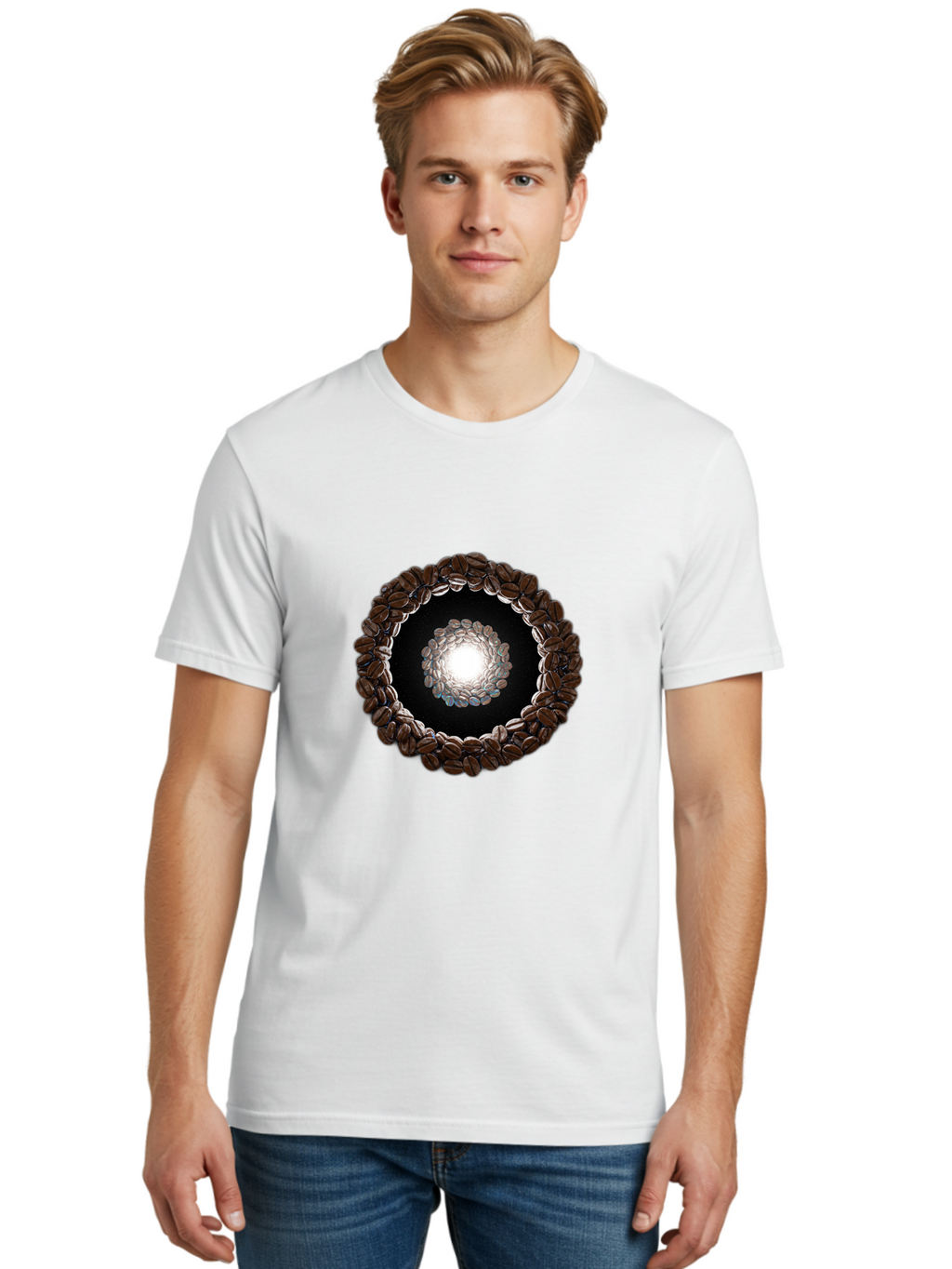 Coffee-Beans-Circle Men'S Graphic Tee, 100% Cotton, Comfortable Casual Summer Wear, Machine Washable, Circle Of Coffee Beans, Coffee Bean Wreath, Gourmet Coffee, Coffee Lover, Coffee Culture, Coffee Art, Bean Arrangement, Symmetrical Design, Baa337