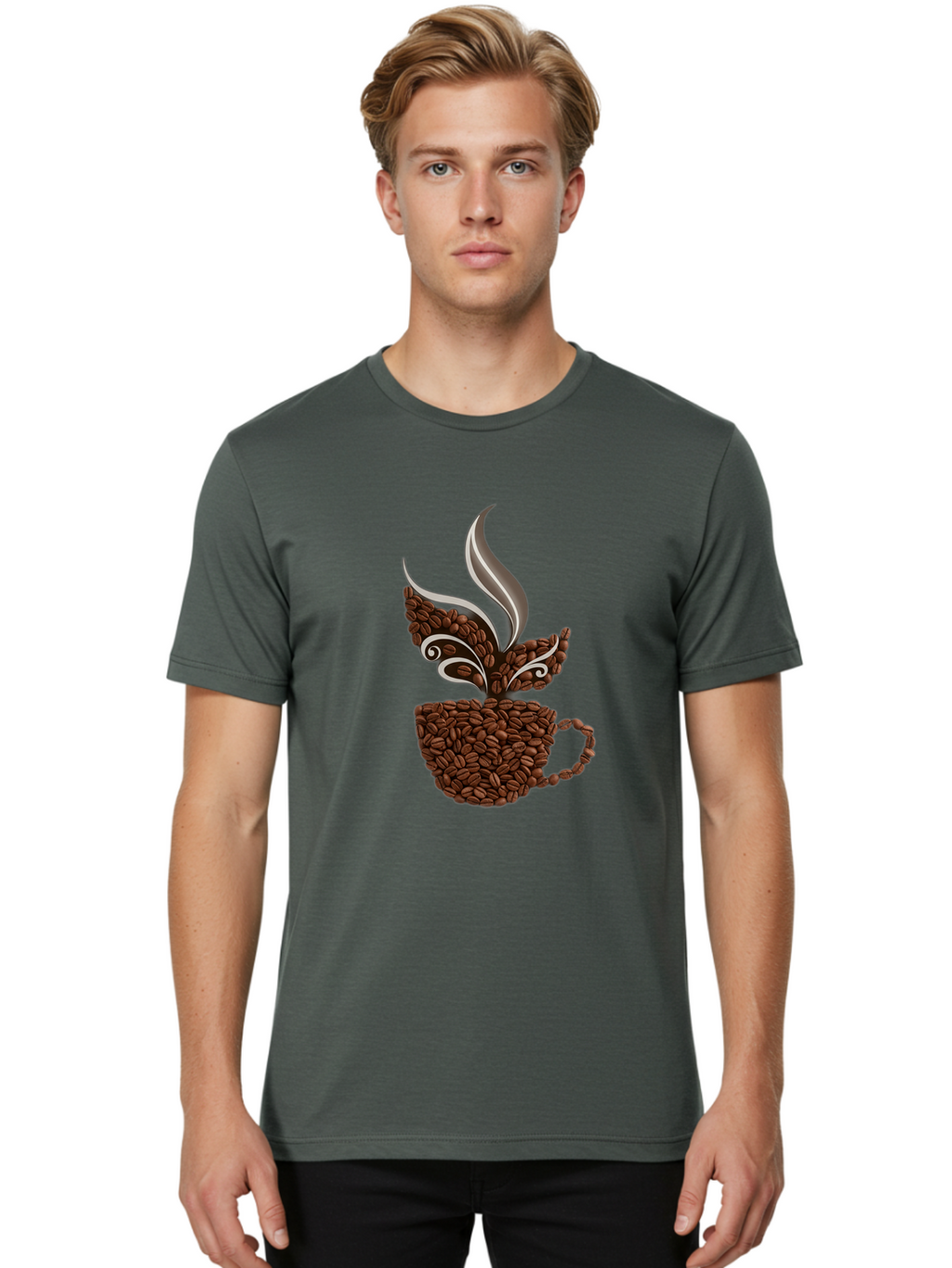 Coffee-Beans-Cup Men'S Graphic Tee, 100% Cotton, Comfortable Casual Summer Wear, Machine Washable, Coffee Beans, Coffee Cup, Brewing Coffee, Warm Beverage, Morning Pick-Me-Up, Coffee Break, Coffee Lover, Coffee Art, Steaming Hot Baa338