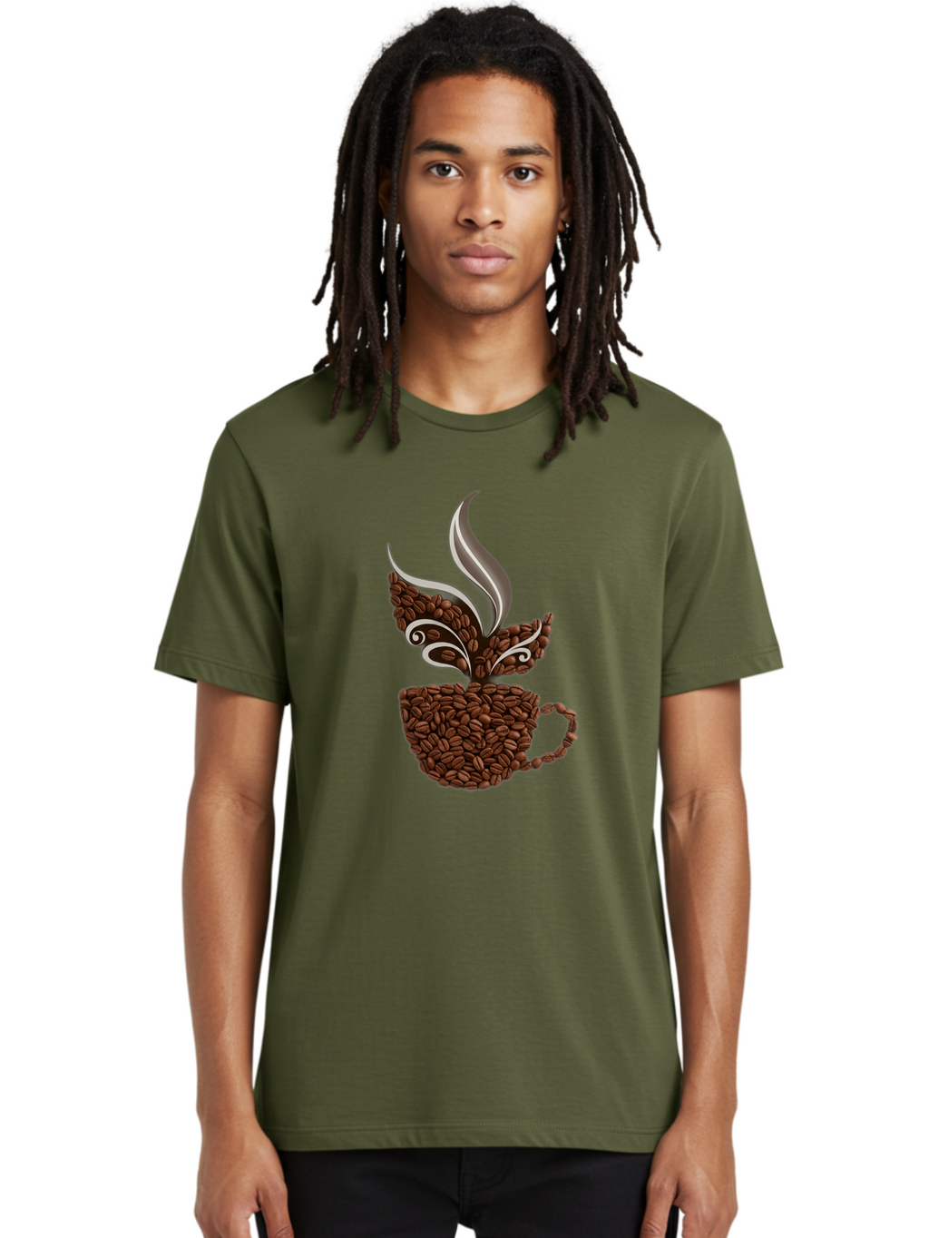 Coffee-Beans-Cup Men'S Graphic Tee, 100% Cotton, Comfortable Casual Summer Wear, Machine Washable, Coffee Beans, Coffee Cup, Brewing Coffee, Warm Beverage, Morning Pick-Me-Up, Coffee Break, Coffee Lover, Coffee Art, Steaming Hot Baa338