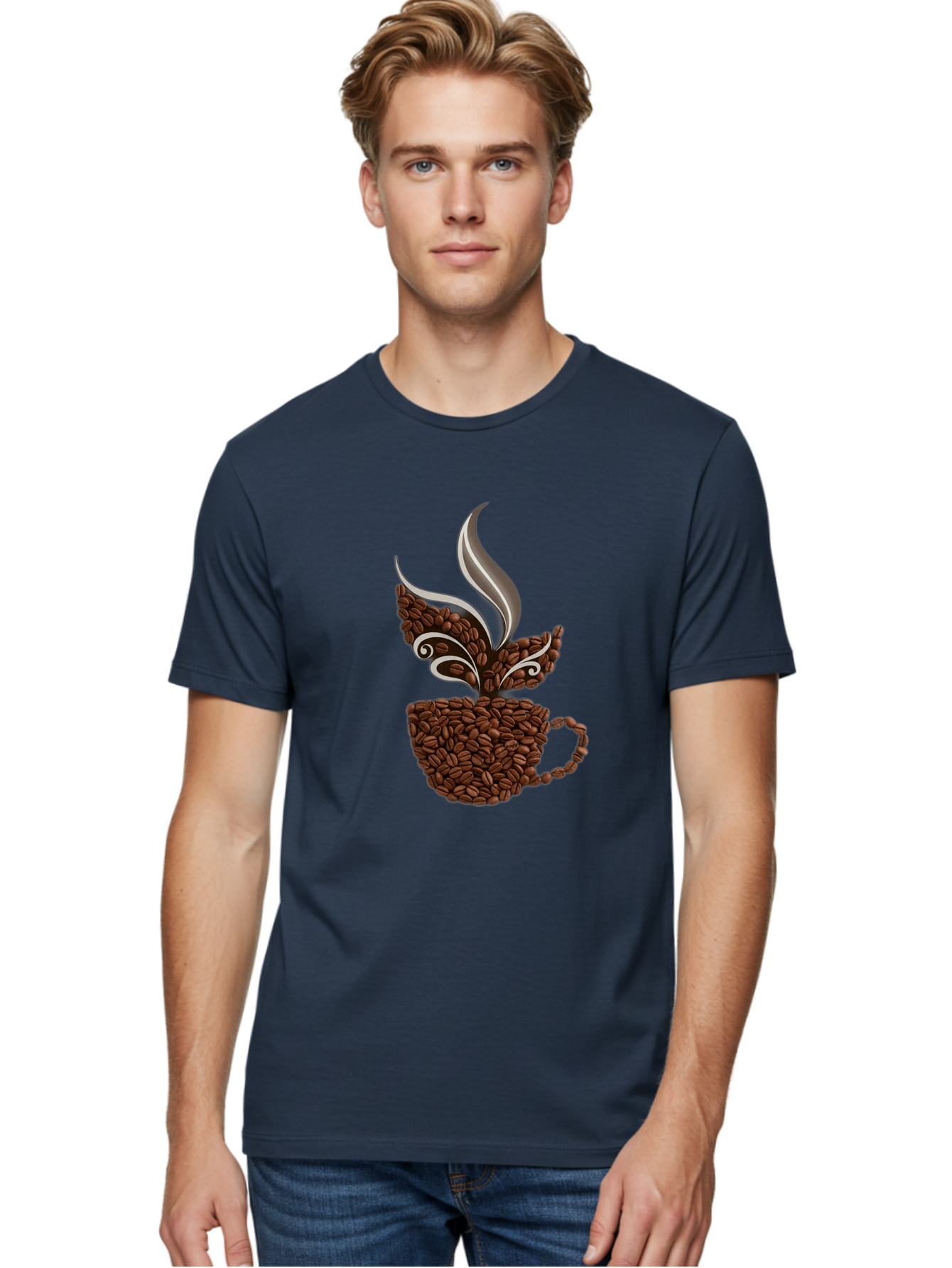 Coffee-Beans-Cup Men'S Graphic Tee, 100% Cotton, Comfortable Casual Summer Wear, Machine Washable, Coffee Beans, Coffee Cup, Brewing Coffee, Warm Beverage, Morning Pick-Me-Up, Coffee Break, Coffee Lover, Coffee Art, Steaming Hot Baa338