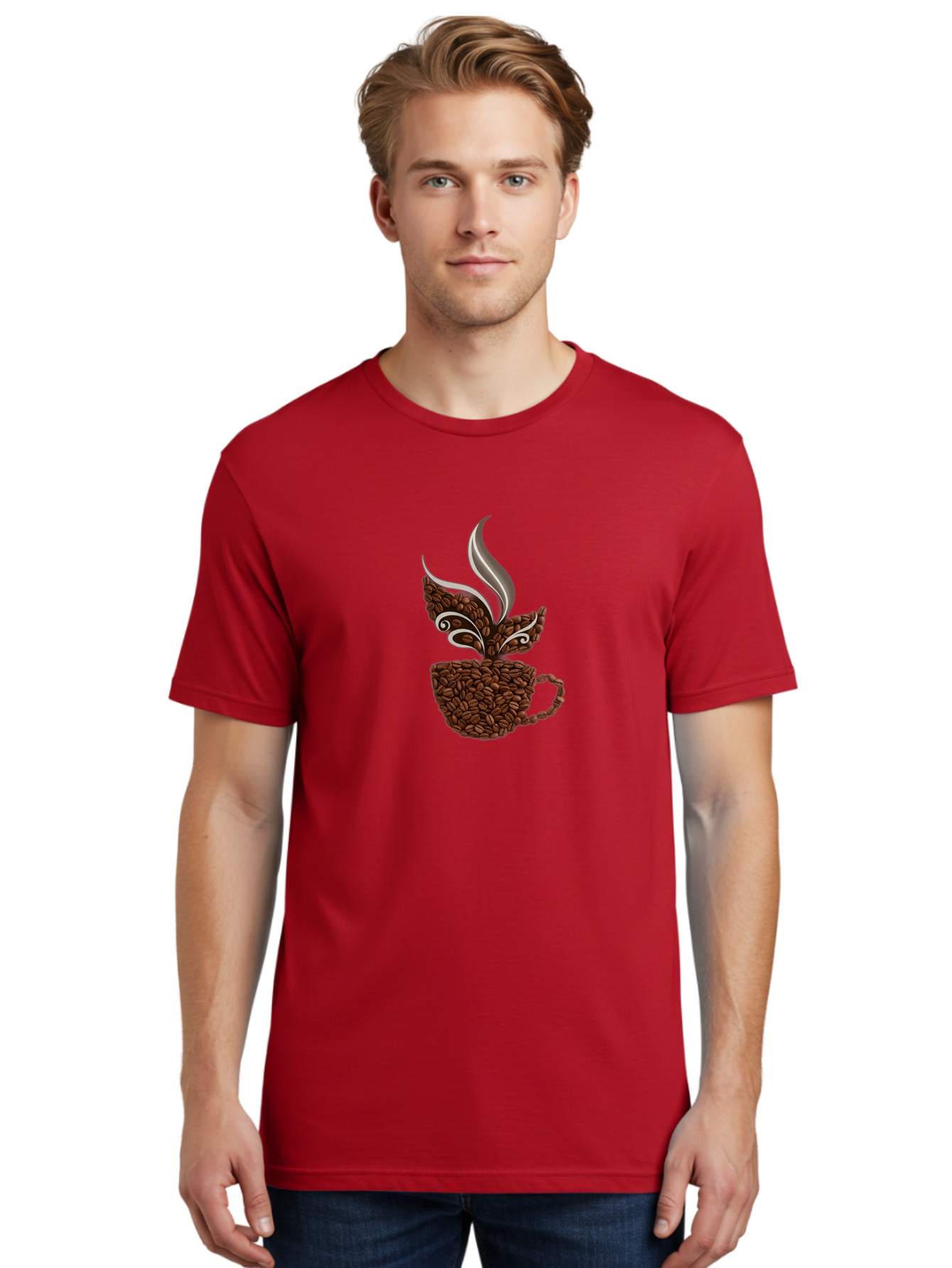 Coffee-Beans-Cup Men'S Graphic Tee, 100% Cotton, Comfortable Casual Summer Wear, Machine Washable, Coffee Beans, Coffee Cup, Brewing Coffee, Warm Beverage, Morning Pick-Me-Up, Coffee Break, Coffee Lover, Coffee Art, Steaming Hot Baa338