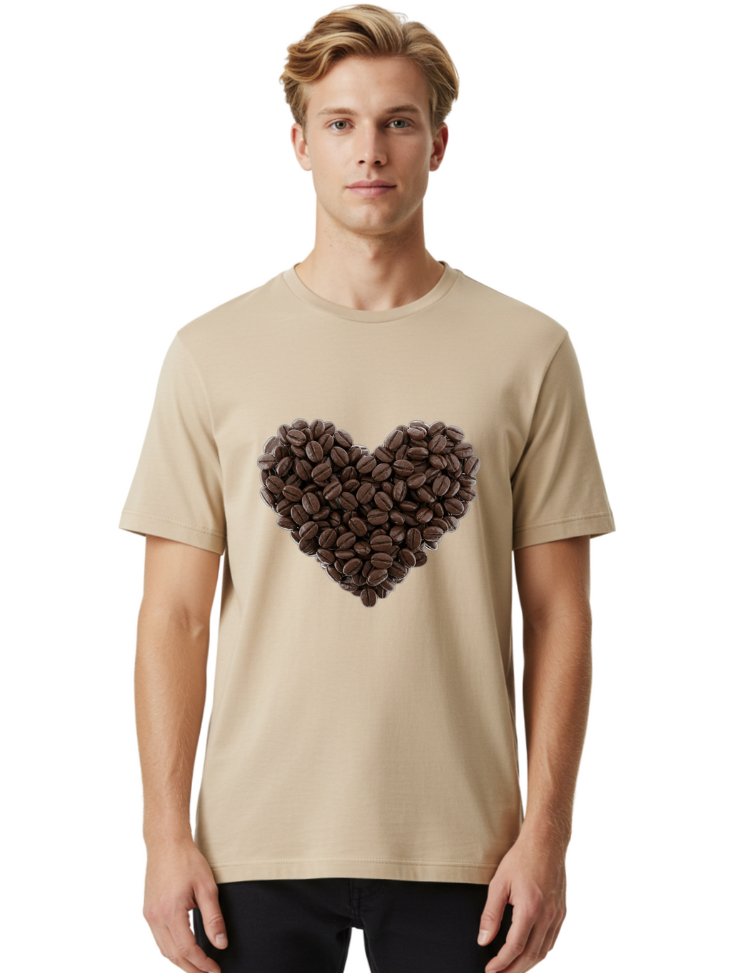Coffee-Beans-Heart Men'S Graphic Tee, 100% Cotton, Comfortable Casual Summer Wear, Machine Washable, Coffee Beans, Heart Shape, Roasted Coffee, Coffee Lovers, Coffee Obsession, Rich Aroma, Dark Brown Color, Creative Design, Unique Art Baa339