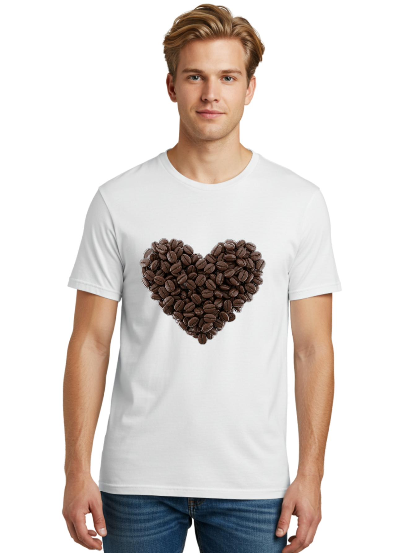 Coffee-Beans-Heart Men'S Graphic Tee, 100% Cotton, Comfortable Casual Summer Wear, Machine Washable, Coffee Beans, Heart Shape, Roasted Coffee, Coffee Lovers, Coffee Obsession, Rich Aroma, Dark Brown Color, Creative Design, Unique Art Baa339
