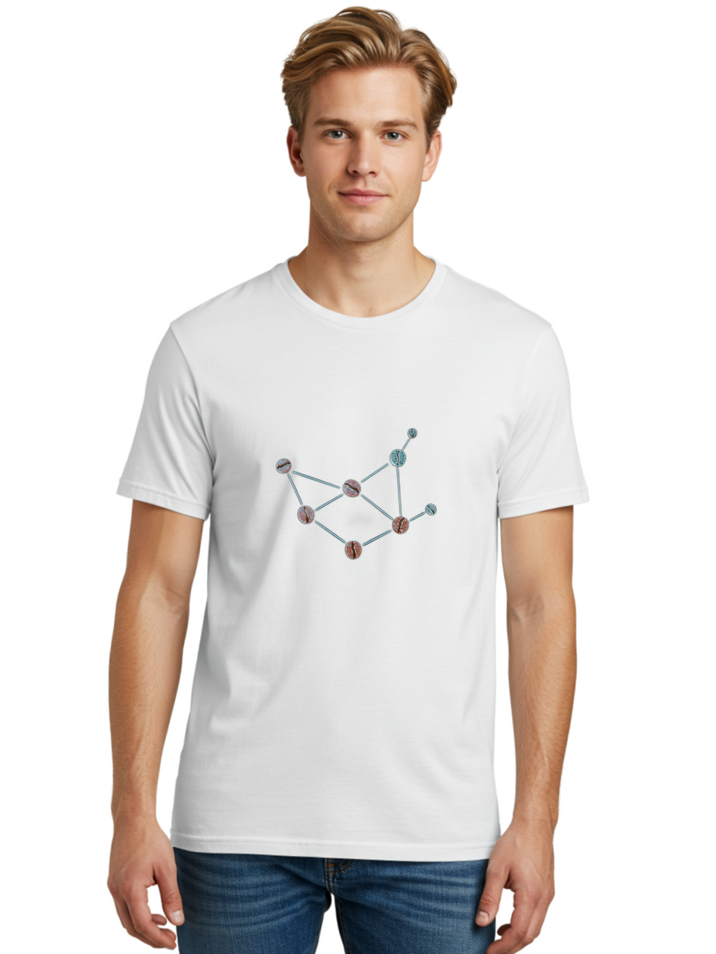 Coffee-Beans-Network Men'S Graphic Tee, 100% Cotton, Comfortable Casual Summer Wear, Machine Washable, Molecular Structure, Connected Circles, Scientific Diagram, Chemistry Illustration, Abstract Representation, Simple Graphics, Baa340