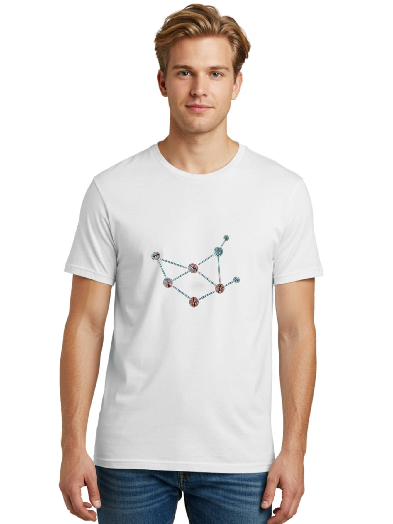 Coffee-Beans-Network Men'S Graphic Tee, 100% Cotton, Comfortable Casual Summer Wear, Machine Washable, Molecular Structure, Connected Circles, Scientific Diagram, Chemistry Illustration, Abstract Representation, Simple Graphics, Baa340