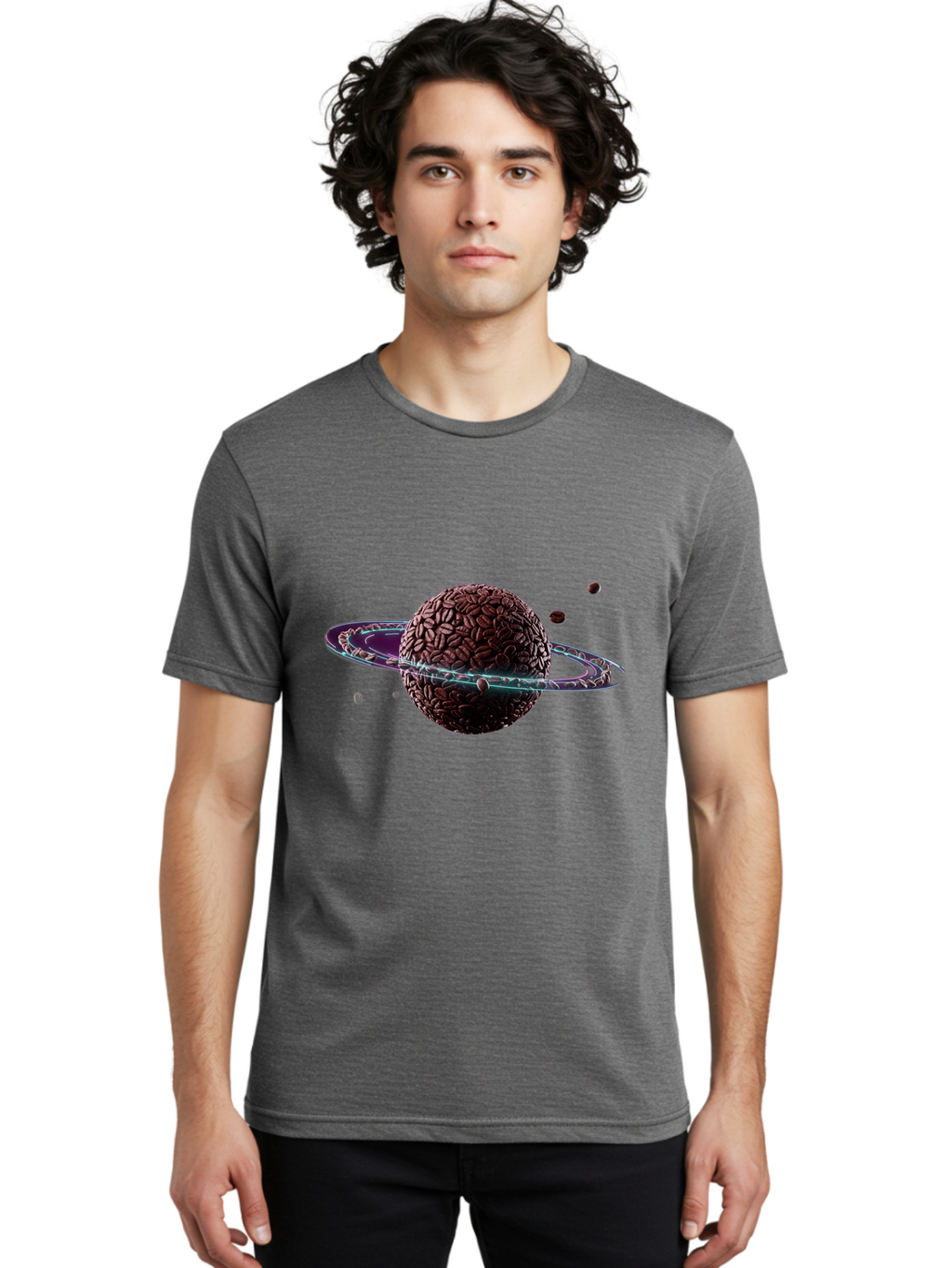 Coffee-Beans-Planet Men'S Graphic Tee, 100% Cotton, Comfortable Casual Summer Wear, Machine Washable, Coffee Beans, Planet With Rings, Creative Food Art, Coffee-Inspired Galaxy, Unique Design, Artistic Expression, Coffee Culture, Baa341