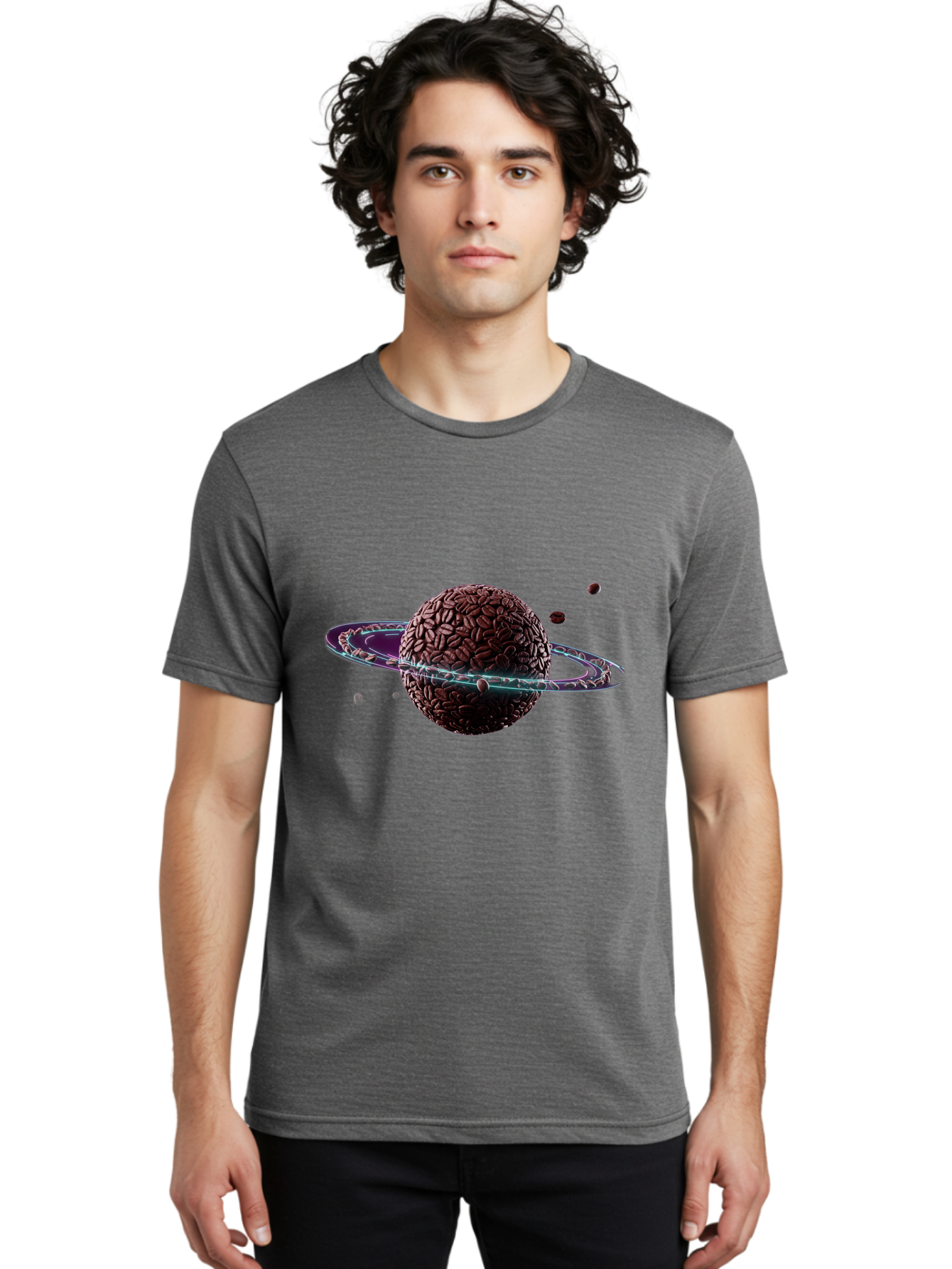 Coffee-Beans-Planet Men'S Graphic Tee, 100% Cotton, Comfortable Casual Summer Wear, Machine Washable, Coffee Beans, Planet With Rings, Creative Food Art, Coffee-Inspired Galaxy, Unique Design, Artistic Expression, Coffee Culture, Baa341