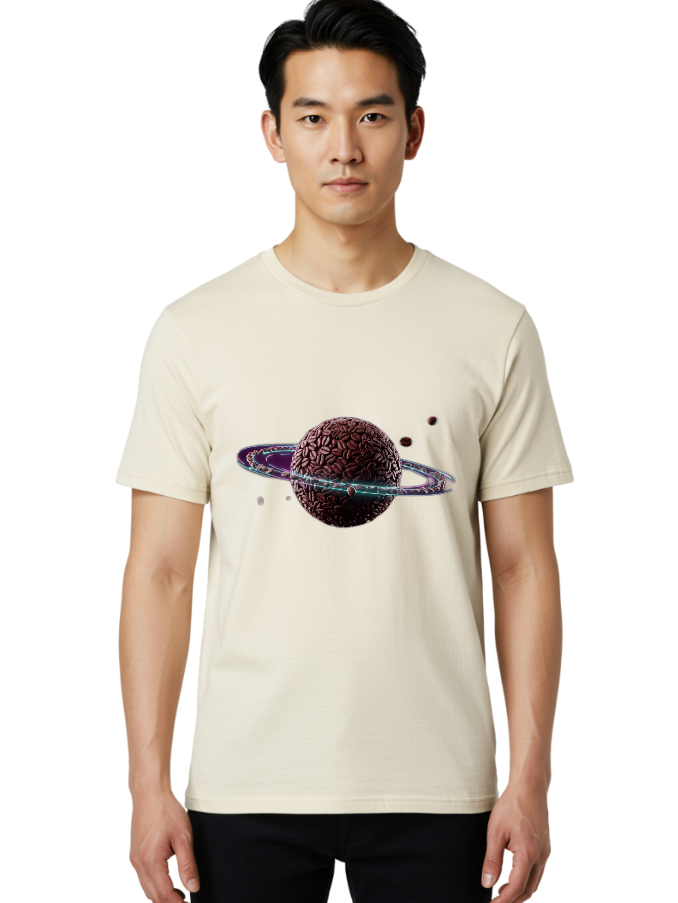 Coffee-Beans-Planet Men'S Graphic Tee, 100% Cotton, Comfortable Casual Summer Wear, Machine Washable, Coffee Beans, Planet With Rings, Creative Food Art, Coffee-Inspired Galaxy, Unique Design, Artistic Expression, Coffee Culture, Baa341