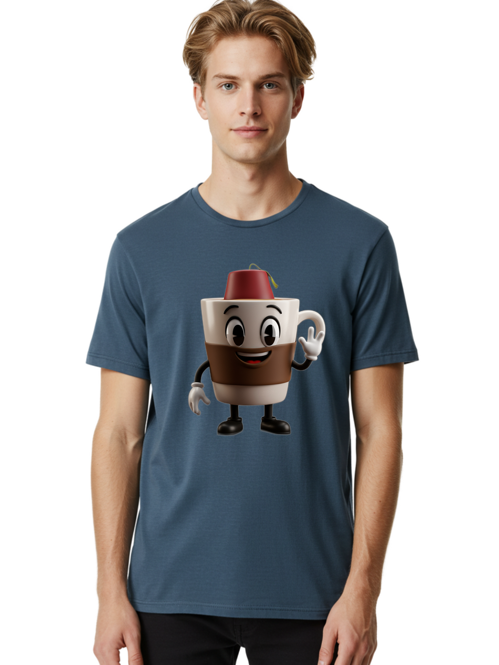 Coffee-Cup-1 Men'S Graphic Tee, 100% Cotton, Comfortable Casual Summer Wear, Machine Washable, Cartoon Coffee Mug, Coffee Character, Smiling Mug, Tea Bag On Top, Waving Hand, Friendly Beverage, Animated Coffee, Cute Drink, Coffee Culture, Baa343