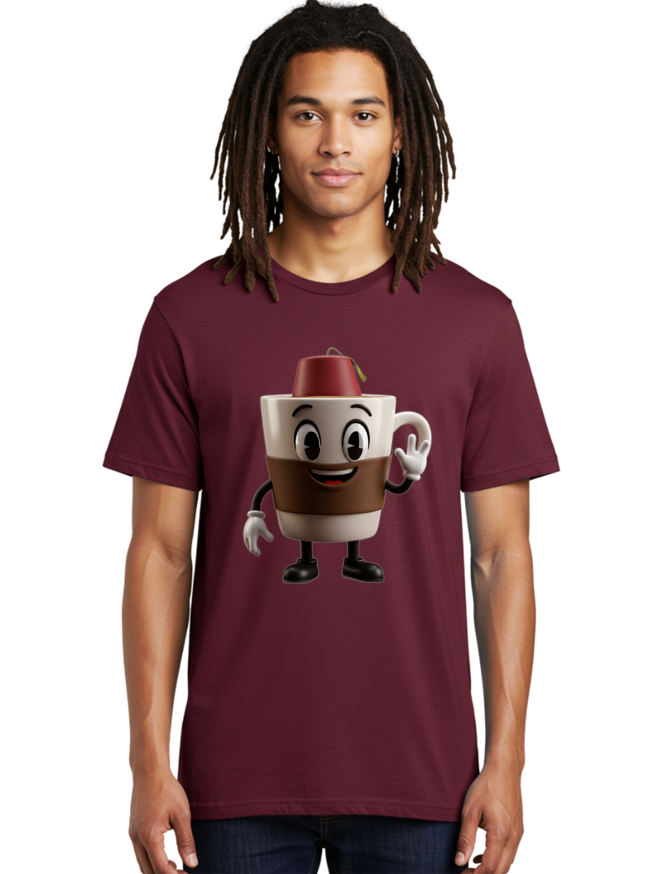 Coffee-Cup-1 Men'S Graphic Tee, 100% Cotton, Comfortable Casual Summer Wear, Machine Washable, Cartoon Coffee Mug, Coffee Character, Smiling Mug, Tea Bag On Top, Waving Hand, Friendly Beverage, Animated Coffee, Cute Drink, Coffee Culture, Baa343