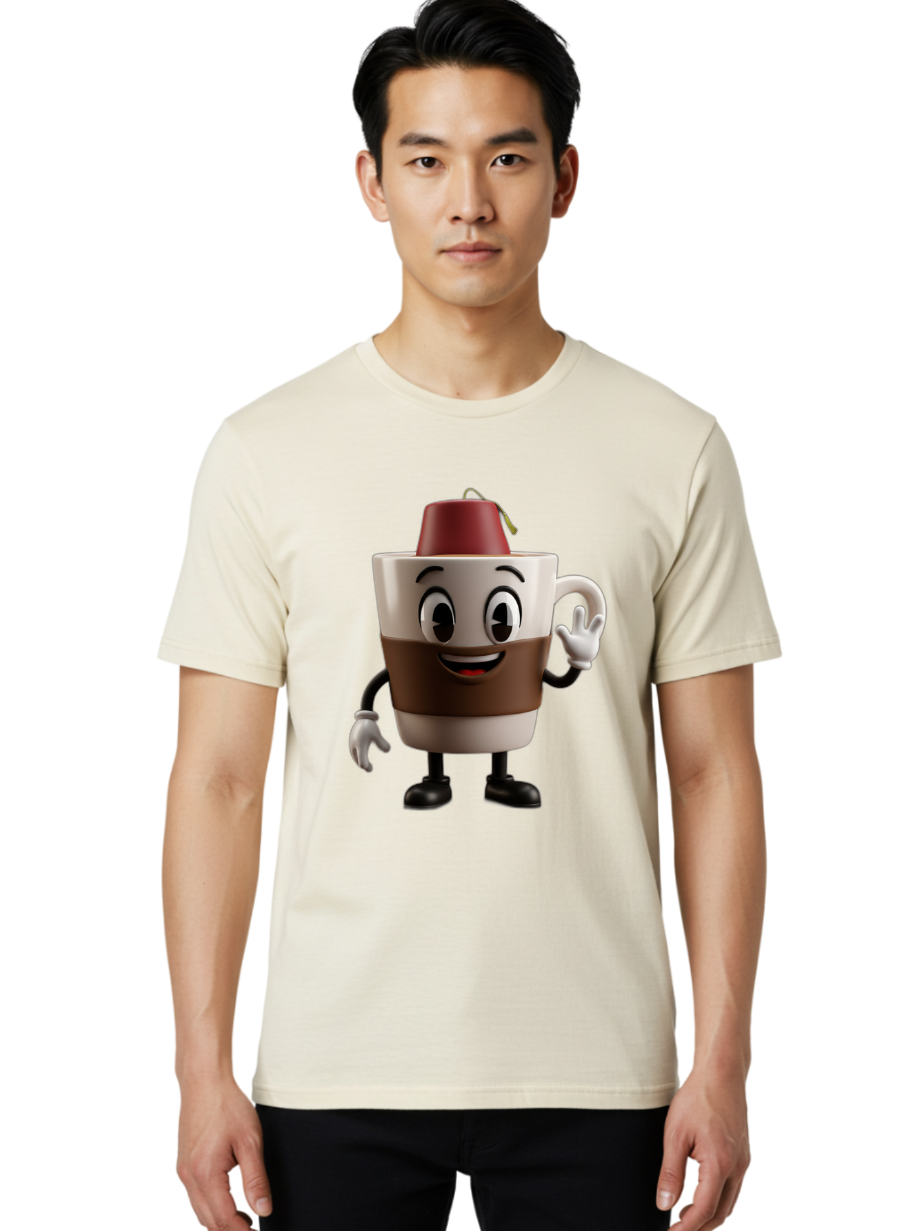 Coffee-Cup-1 Men'S Graphic Tee, 100% Cotton, Comfortable Casual Summer Wear, Machine Washable, Cartoon Coffee Mug, Coffee Character, Smiling Mug, Tea Bag On Top, Waving Hand, Friendly Beverage, Animated Coffee, Cute Drink, Coffee Culture, Baa343