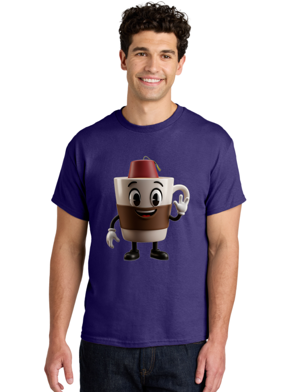 Coffee-Cup-1 Men'S Graphic Tee, 100% Cotton, Comfortable Casual Summer Wear, Machine Washable, Cartoon Coffee Mug, Coffee Character, Smiling Mug, Tea Bag On Top, Waving Hand, Friendly Beverage, Animated Coffee, Cute Drink, Coffee Culture, Baa343
