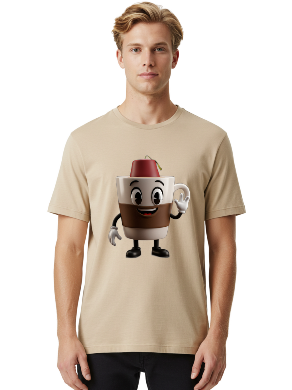 Coffee-Cup-1 Men'S Graphic Tee, 100% Cotton, Comfortable Casual Summer Wear, Machine Washable, Cartoon Coffee Mug, Coffee Character, Smiling Mug, Tea Bag On Top, Waving Hand, Friendly Beverage, Animated Coffee, Cute Drink, Coffee Culture, Baa343
