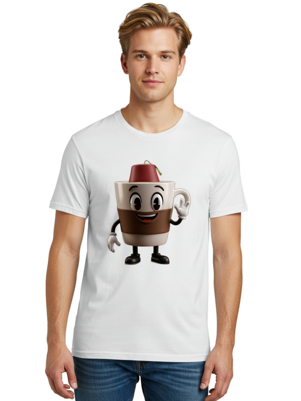 Coffee-Cup-1 Men'S Graphic Tee, 100% Cotton, Comfortable Casual Summer Wear, Machine Washable, Cartoon Coffee Mug, Coffee Character, Smiling Mug, Tea Bag On Top, Waving Hand, Friendly Beverage, Animated Coffee, Cute Drink, Coffee Culture, Baa343