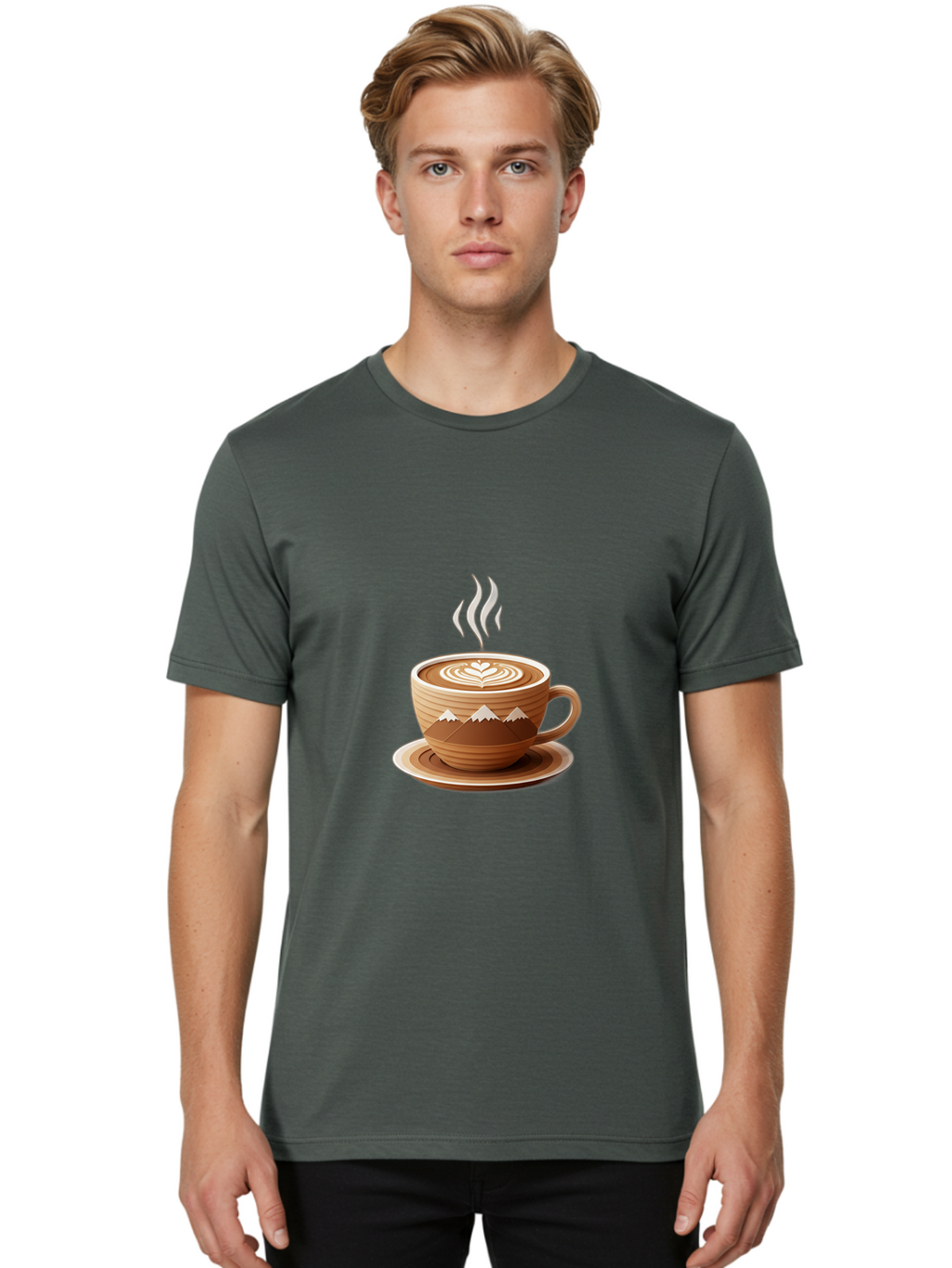 Coffee-Cup-11 Men'S Graphic Tee, 100% Cotton, Comfortable Casual Summer Wear, Machine Washable, Steaming Coffee Cup, Latte Art, Heart Design, Wooden Cup, White Mountains, Morning Coffee, Coffee Break, Espresso, Coffee Lover Baa345