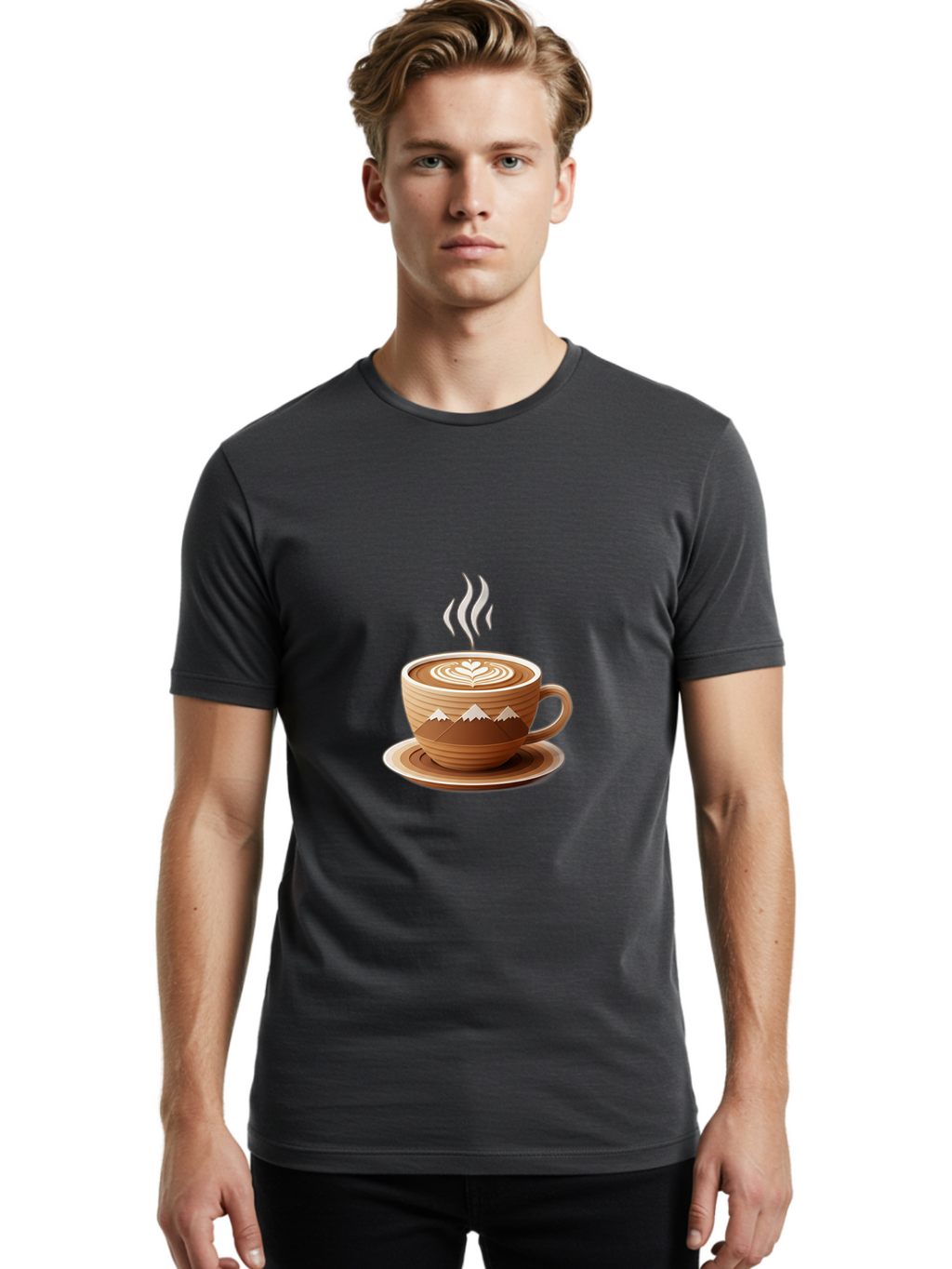 Coffee-Cup-11 Men'S Graphic Tee, 100% Cotton, Comfortable Casual Summer Wear, Machine Washable, Steaming Coffee Cup, Latte Art, Heart Design, Wooden Cup, White Mountains, Morning Coffee, Coffee Break, Espresso, Coffee Lover Baa345