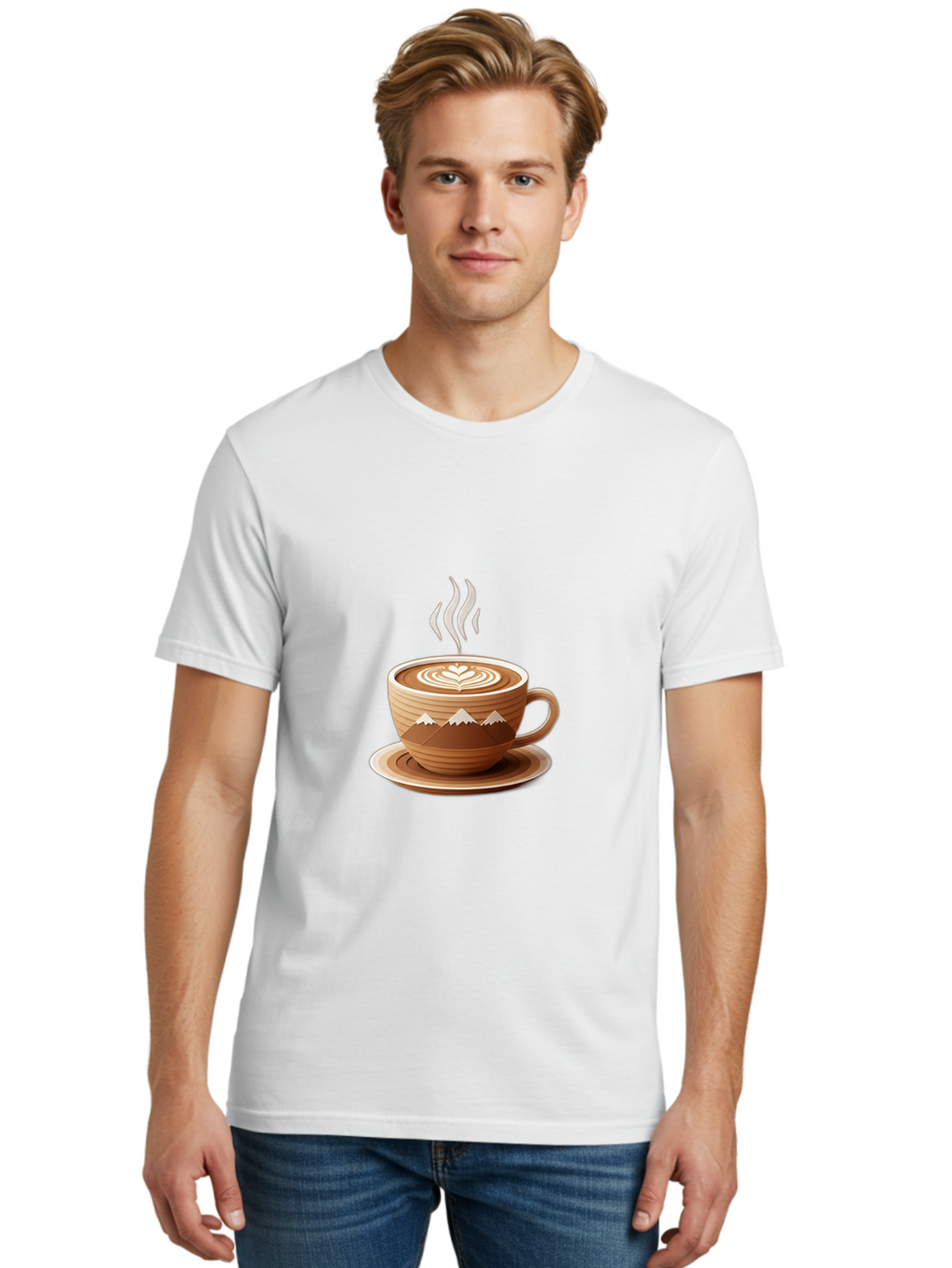 Coffee-Cup-11 Men'S Graphic Tee, 100% Cotton, Comfortable Casual Summer Wear, Machine Washable, Steaming Coffee Cup, Latte Art, Heart Design, Wooden Cup, White Mountains, Morning Coffee, Coffee Break, Espresso, Coffee Lover Baa345