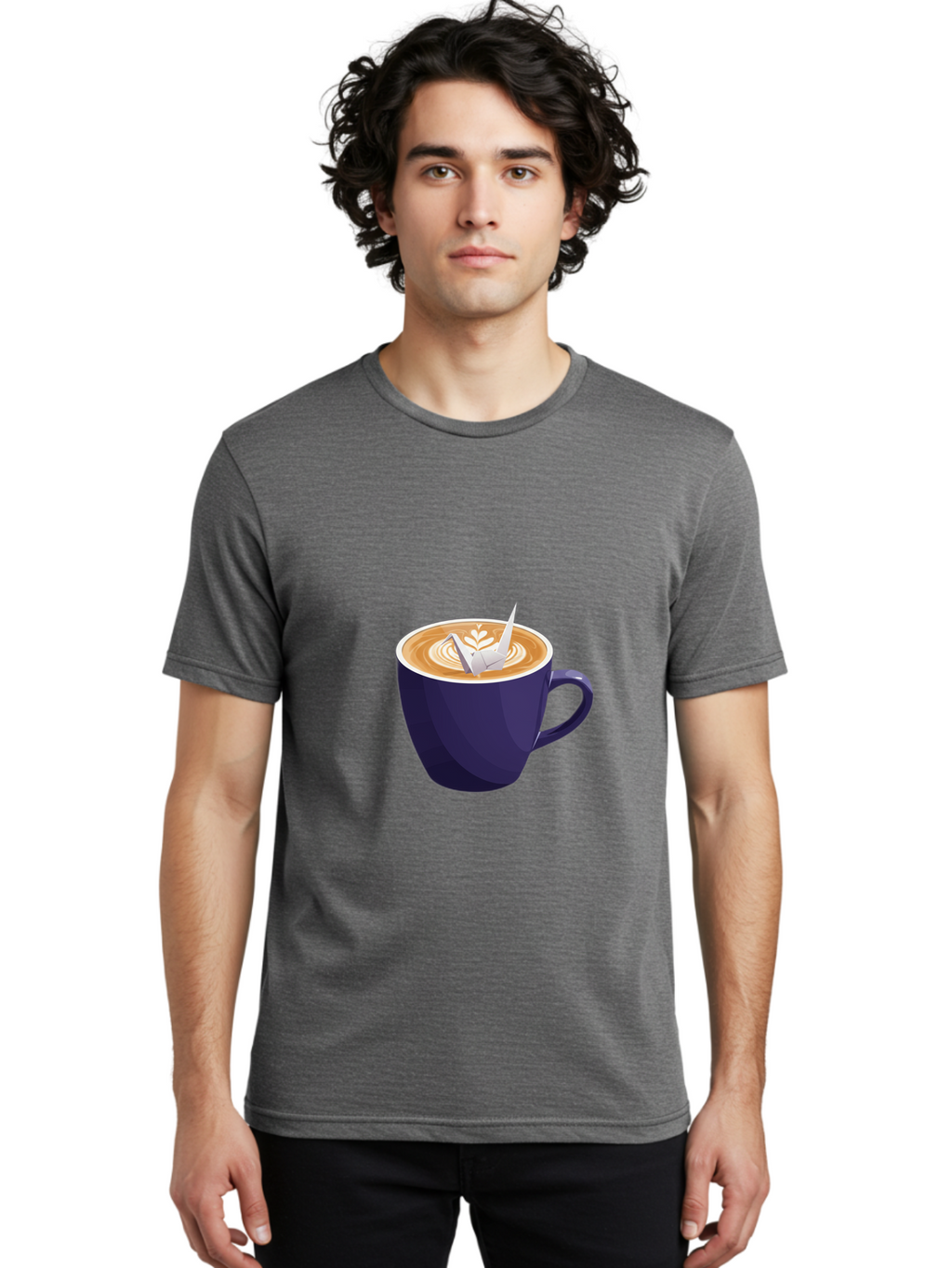 Coffee-Cup-12 Men'S Graphic Tee, 100% Cotton, Comfortable Casual Summer Wear, Machine Washable, Coffee Latte, Cappuccino Art, Espresso Drink, Dark Blue Cup, White Foam, Leaf Design, Coffee Culture, Morning Routine, Beverage Illustration, Baa346