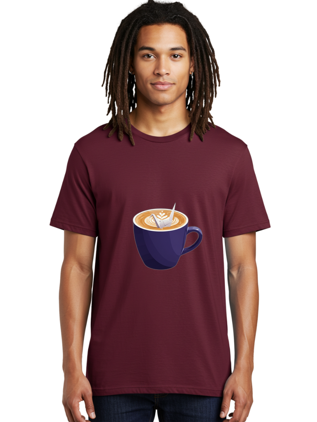 Coffee-Cup-12 Men'S Graphic Tee, 100% Cotton, Comfortable Casual Summer Wear, Machine Washable, Coffee Latte, Cappuccino Art, Espresso Drink, Dark Blue Cup, White Foam, Leaf Design, Coffee Culture, Morning Routine, Beverage Illustration, Baa346