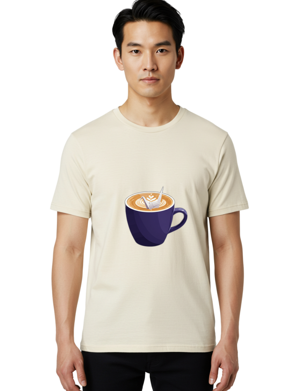Coffee-Cup-12 Men'S Graphic Tee, 100% Cotton, Comfortable Casual Summer Wear, Machine Washable, Coffee Latte, Cappuccino Art, Espresso Drink, Dark Blue Cup, White Foam, Leaf Design, Coffee Culture, Morning Routine, Beverage Illustration, Baa346