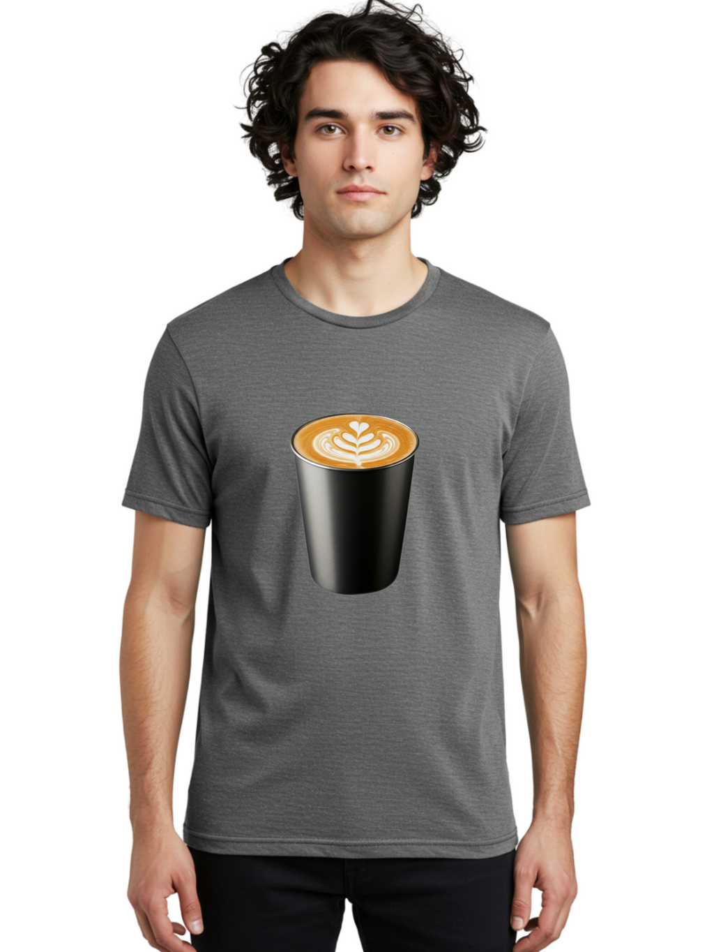Coffee-Cup-15 Men'S Graphic Tee, 100% Cotton, Comfortable Casual Summer Wear, Machine Washable, Coffee Cup, Black Cup, Latte Art, Espresso, Coffee Drink, Heart Design, White Foam, Takeaway Coffee, Coffee Culture Baa349