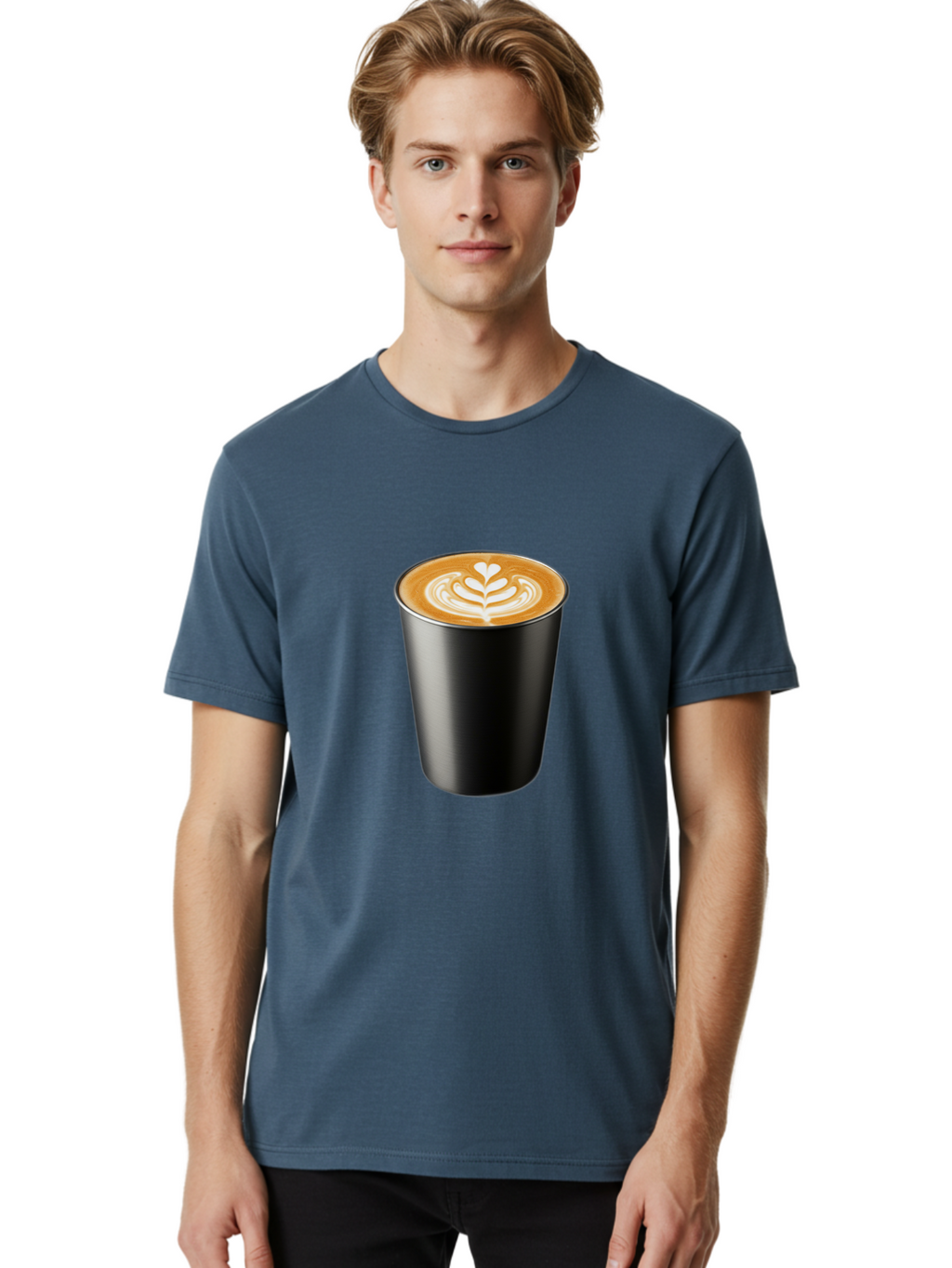 Coffee-Cup-15 Men'S Graphic Tee, 100% Cotton, Comfortable Casual Summer Wear, Machine Washable, Coffee Cup, Black Cup, Latte Art, Espresso, Coffee Drink, Heart Design, White Foam, Takeaway Coffee, Coffee Culture Baa349
