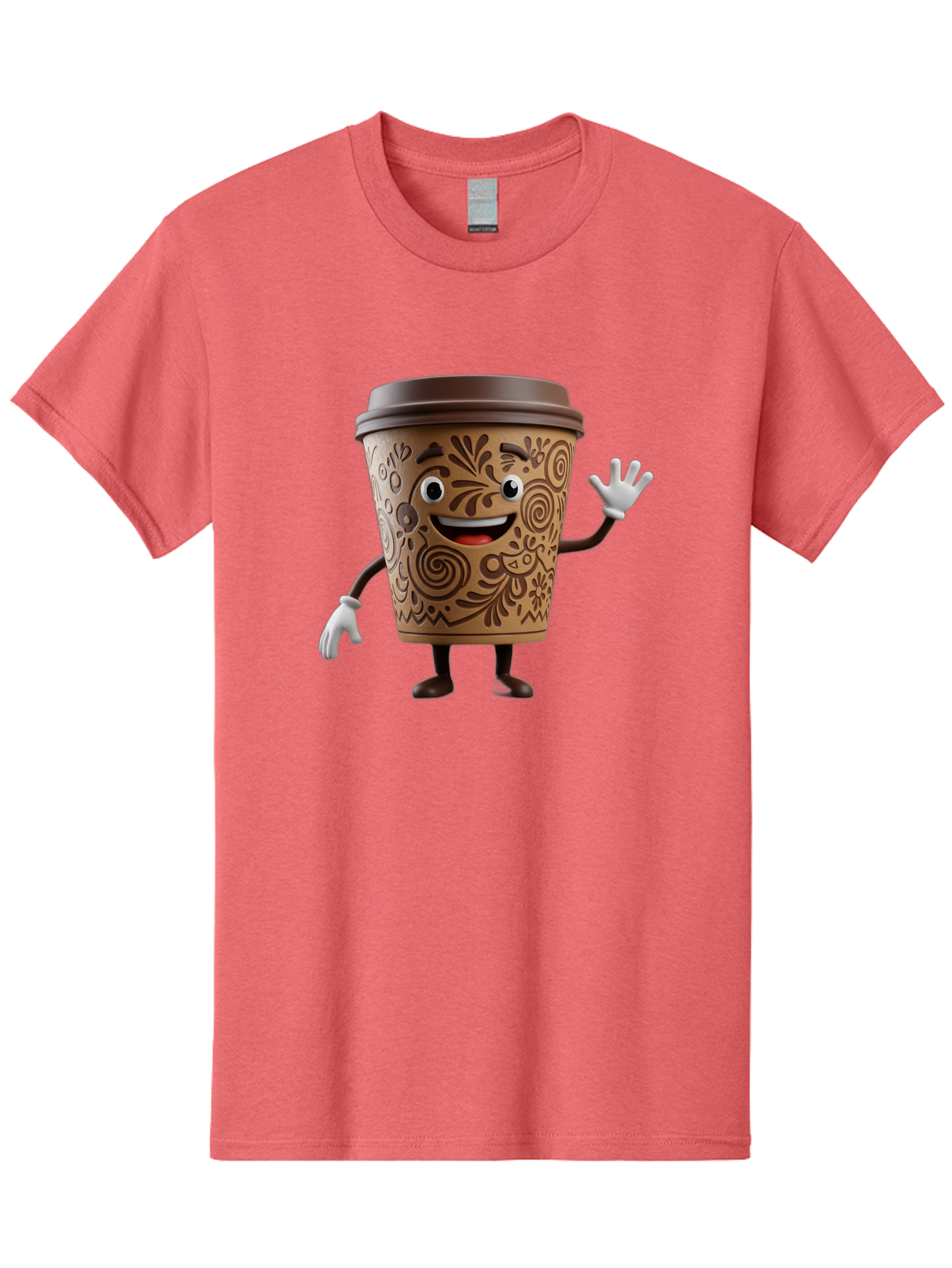 Coffee-Cup-3 Men'S Graphic Tee, 100% Cotton, Comfortable Casual Summer Wear, Machine Washable, Cartoon Coffee Cup, Anthropomorphic Design, Waving Gesture, Floral Patterns, Friendly Face, Coffee Culture, Morning Pick-Me-Up, Coffee Lover, Baa353