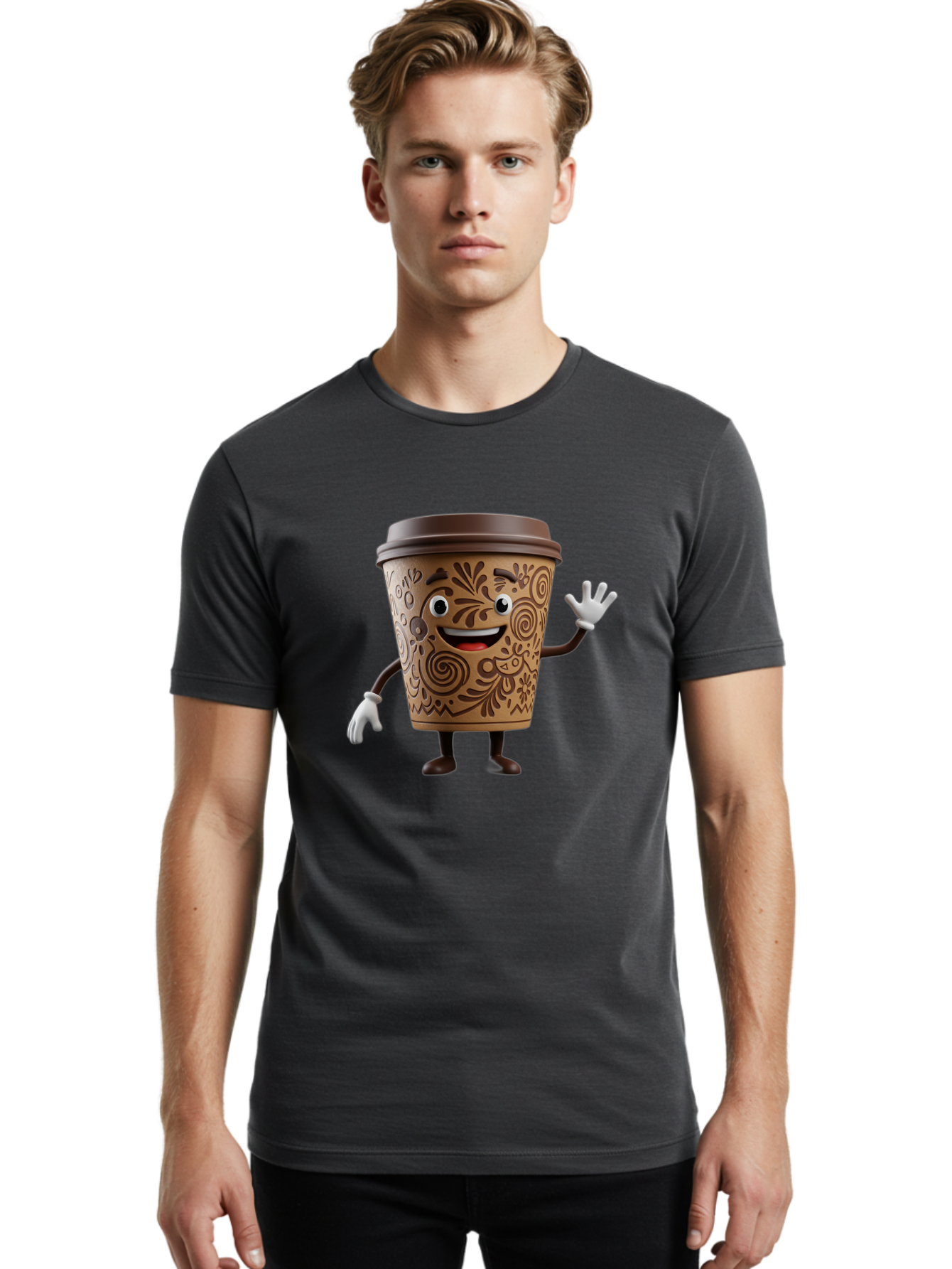 Coffee-Cup-3 Men'S Graphic Tee, 100% Cotton, Comfortable Casual Summer Wear, Machine Washable, Cartoon Coffee Cup, Anthropomorphic Design, Waving Gesture, Floral Patterns, Friendly Face, Coffee Culture, Morning Pick-Me-Up, Coffee Lover, Baa353