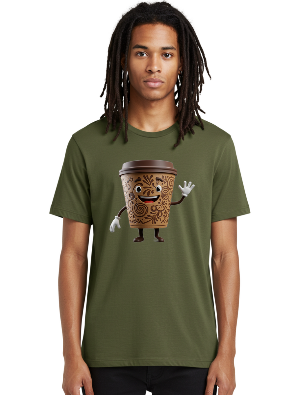 Coffee-Cup-3 Men'S Graphic Tee, 100% Cotton, Comfortable Casual Summer Wear, Machine Washable, Cartoon Coffee Cup, Anthropomorphic Design, Waving Gesture, Floral Patterns, Friendly Face, Coffee Culture, Morning Pick-Me-Up, Coffee Lover, Baa353