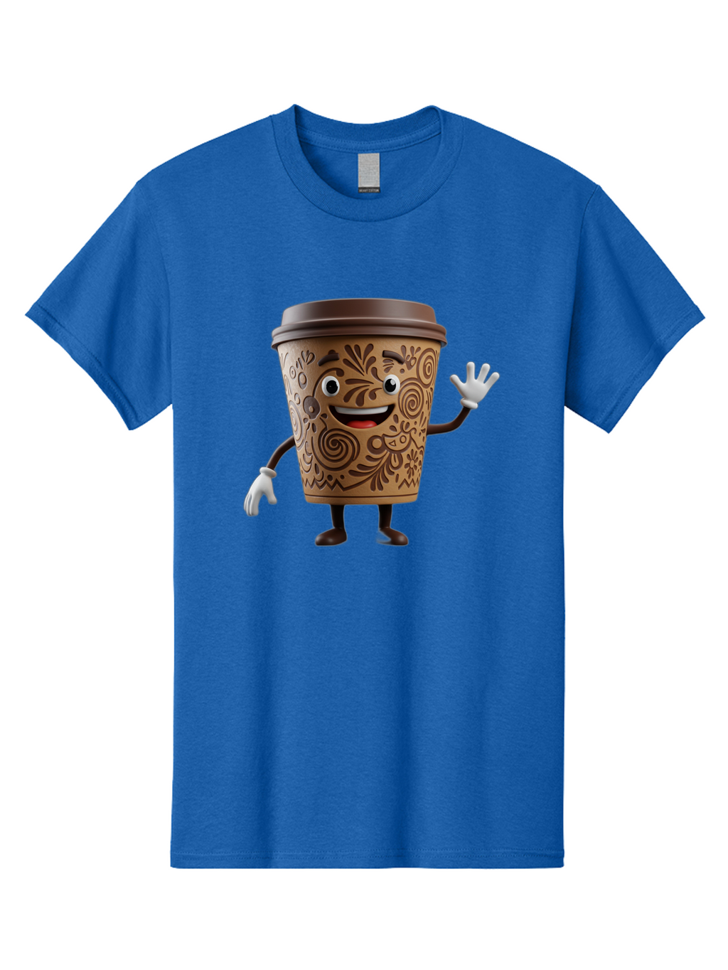 Coffee-Cup-3 Men'S Graphic Tee, 100% Cotton, Comfortable Casual Summer Wear, Machine Washable, Cartoon Coffee Cup, Anthropomorphic Design, Waving Gesture, Floral Patterns, Friendly Face, Coffee Culture, Morning Pick-Me-Up, Coffee Lover, Baa353