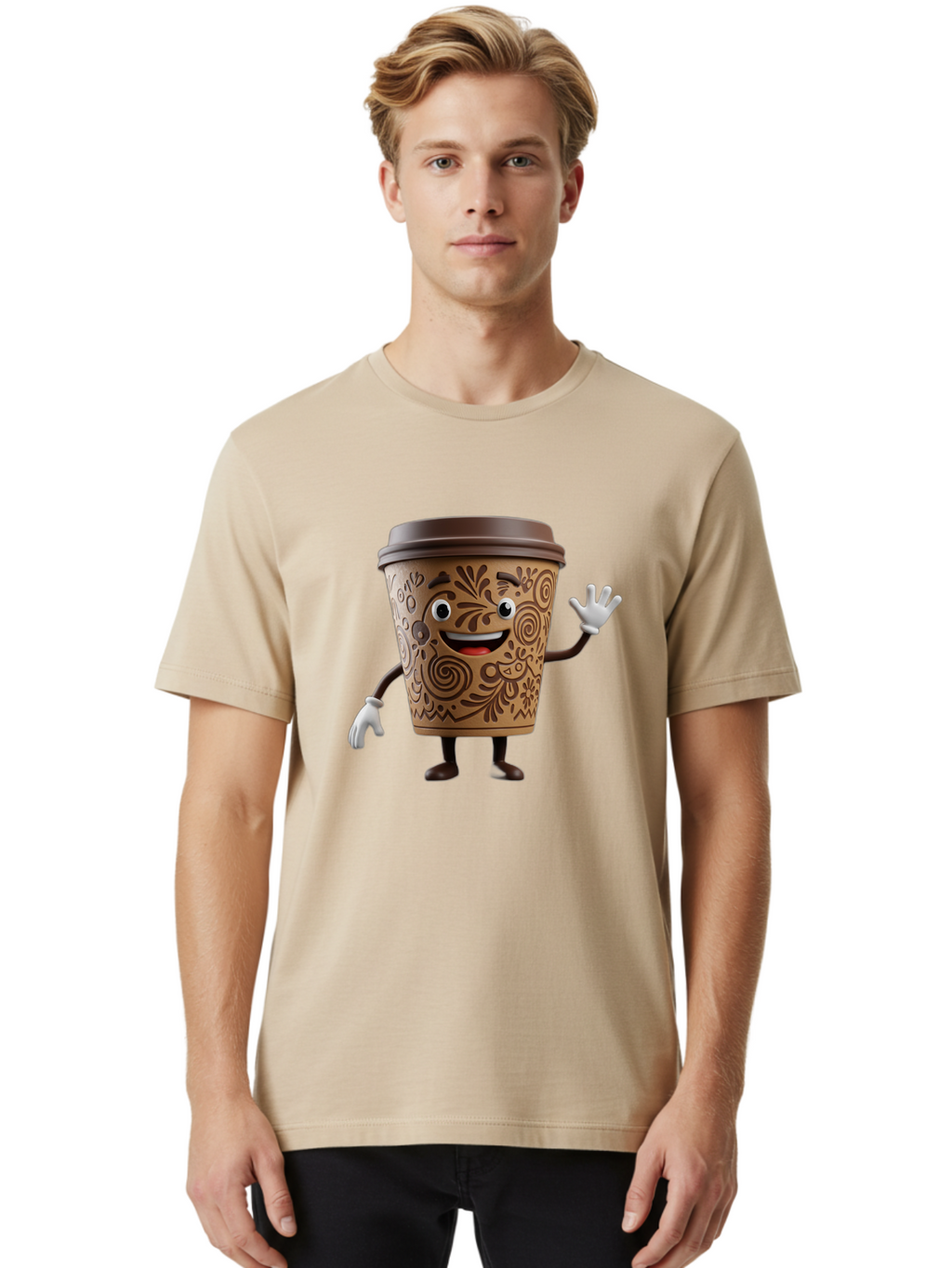 Coffee-Cup-3 Men'S Graphic Tee, 100% Cotton, Comfortable Casual Summer Wear, Machine Washable, Cartoon Coffee Cup, Anthropomorphic Design, Waving Gesture, Floral Patterns, Friendly Face, Coffee Culture, Morning Pick-Me-Up, Coffee Lover, Baa353