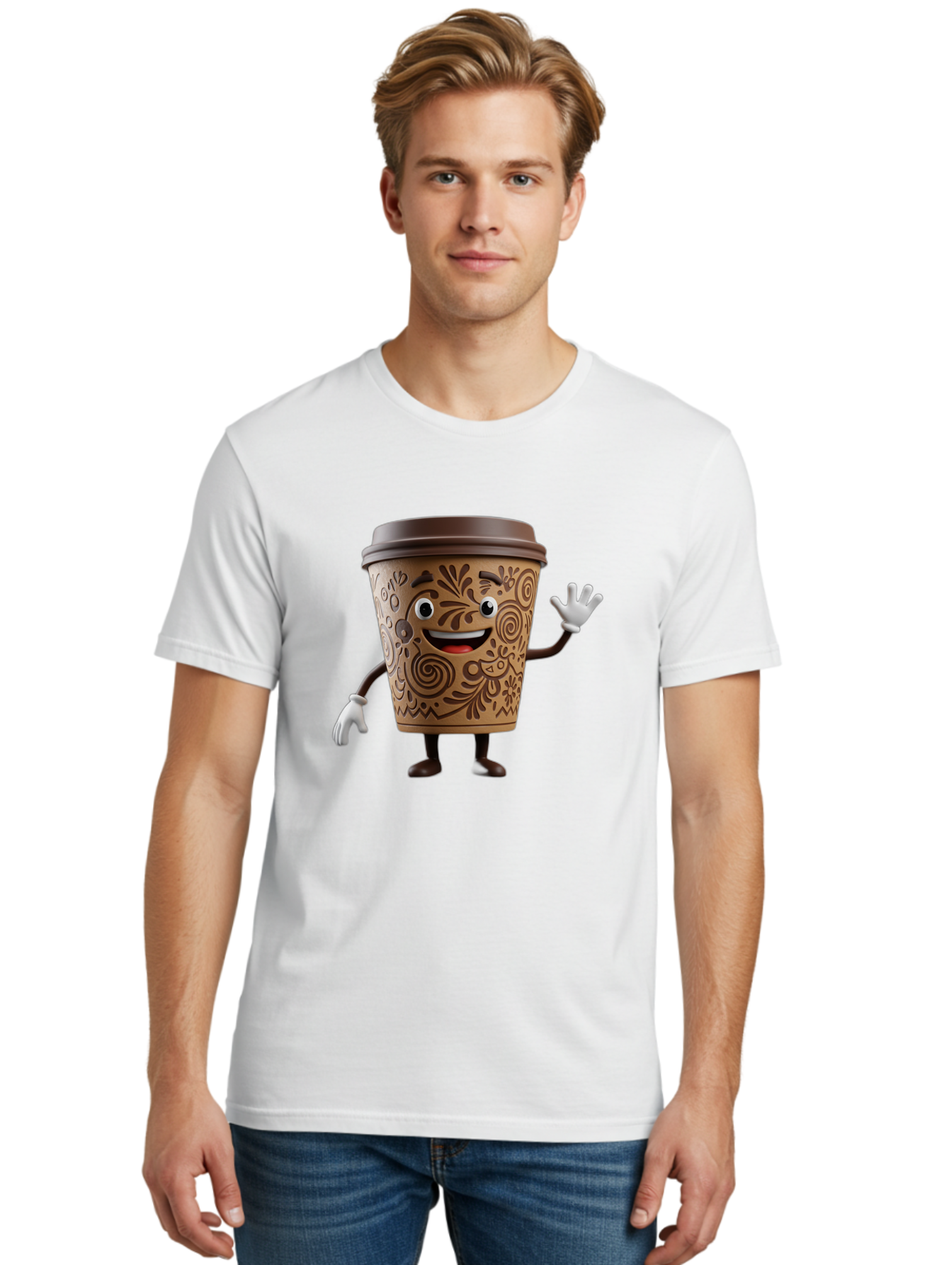 Coffee-Cup-3 Men'S Graphic Tee, 100% Cotton, Comfortable Casual Summer Wear, Machine Washable, Cartoon Coffee Cup, Anthropomorphic Design, Waving Gesture, Floral Patterns, Friendly Face, Coffee Culture, Morning Pick-Me-Up, Coffee Lover, Baa353