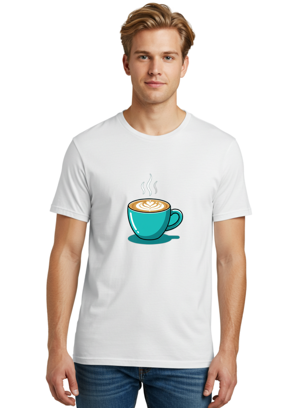 Coffee-Cup-9 Men'S Graphic Tee, 100% Cotton, Comfortable Casual Summer Wear, Machine Washable, Steaming Hot Coffee, Latte Art, Coffee Break, Morning Pick-Me-Up, Coffee Culture, Caffeine Fix, Teal Coffee Cup Baa359