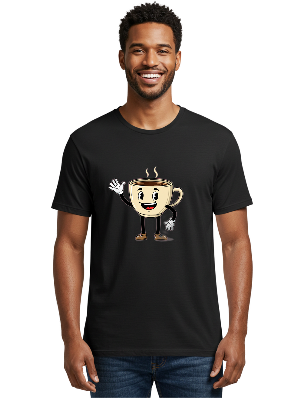 Coffee-Cup-Character-1 Men'S Graphic Tee, 100% Cotton, Comfortable Casual Summer Wear, Machine Washable, Smiling Coffee Cup, Cartoon Character, Steaming Hot Coffee, Waving Hand, Happy Face, Coffee Lover, Morning Pick-Me-Up, Caffeine Boost Baa360