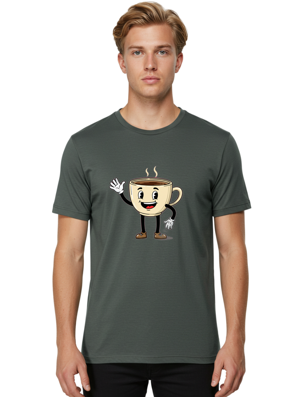 Coffee-Cup-Character-1 Men'S Graphic Tee, 100% Cotton, Comfortable Casual Summer Wear, Machine Washable, Smiling Coffee Cup, Cartoon Character, Steaming Hot Coffee, Waving Hand, Happy Face, Coffee Lover, Morning Pick-Me-Up, Caffeine Boost Baa360