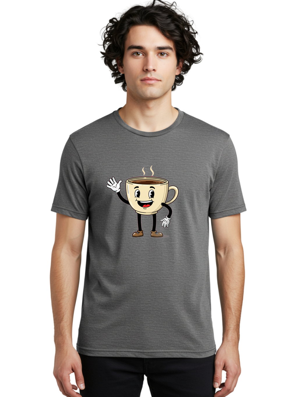 Coffee-Cup-Character-1 Men'S Graphic Tee, 100% Cotton, Comfortable Casual Summer Wear, Machine Washable, Smiling Coffee Cup, Cartoon Character, Steaming Hot Coffee, Waving Hand, Happy Face, Coffee Lover, Morning Pick-Me-Up, Caffeine Boost Baa360
