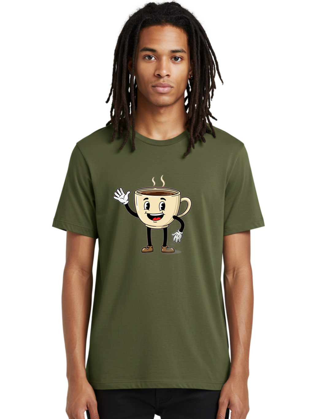 Coffee-Cup-Character-1 Men'S Graphic Tee, 100% Cotton, Comfortable Casual Summer Wear, Machine Washable, Smiling Coffee Cup, Cartoon Character, Steaming Hot Coffee, Waving Hand, Happy Face, Coffee Lover, Morning Pick-Me-Up, Caffeine Boost Baa360