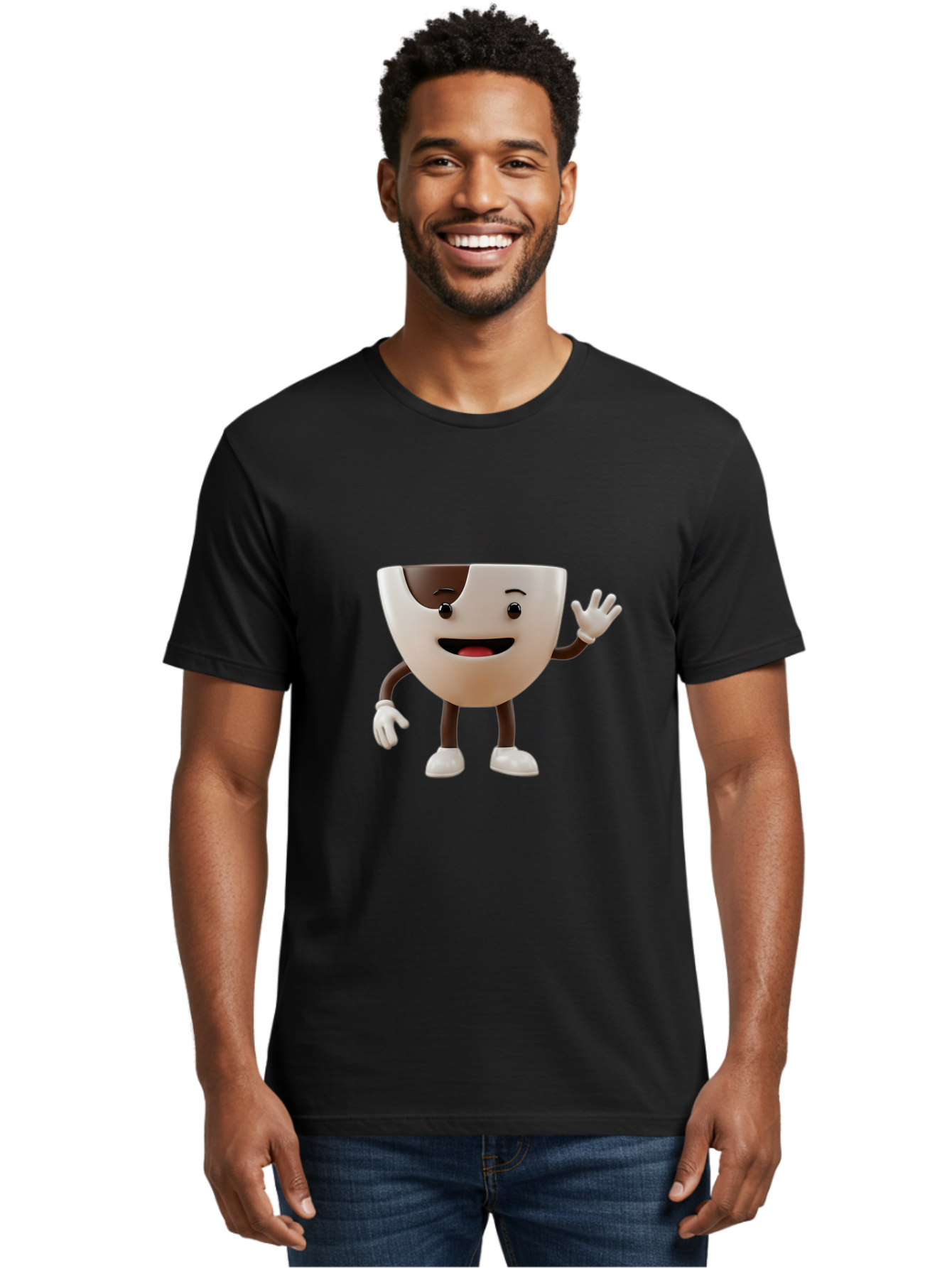 Coffee-Cup-Character-2 Men'S Graphic Tee, 100% Cotton, Comfortable Casual Summer Wear, Machine Washable, Cartoon Coffee Cup, Cute Character, Smiling Face, Waving Hand, Coffee Lover, Animated Mascot, Fun Design, Playful Illustration, Baa361