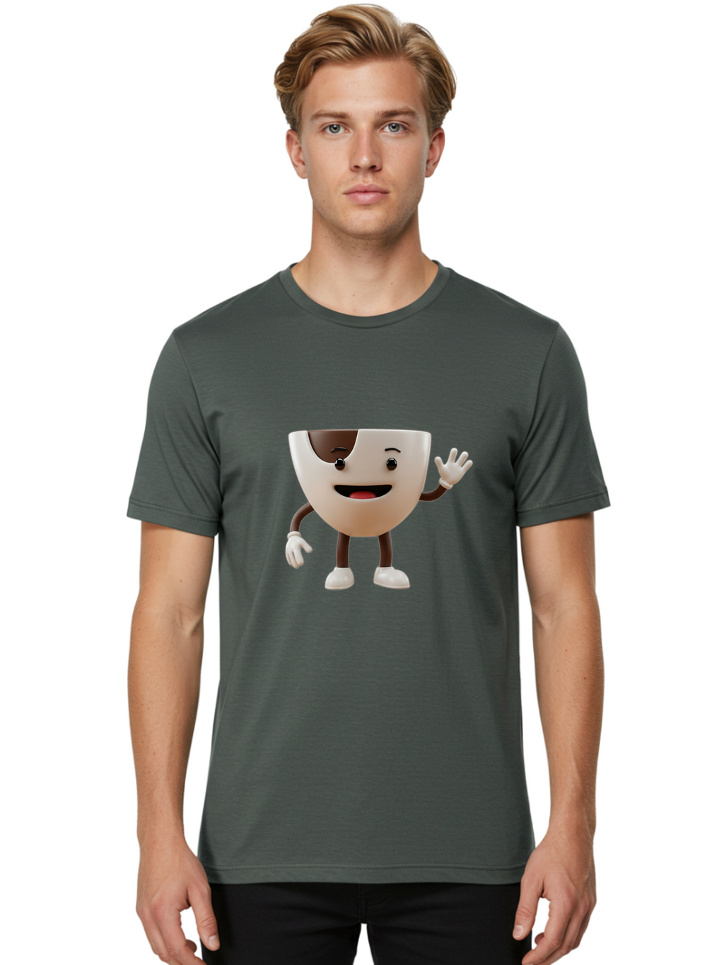 Coffee-Cup-Character-2 Men'S Graphic Tee, 100% Cotton, Comfortable Casual Summer Wear, Machine Washable, Cartoon Coffee Cup, Cute Character, Smiling Face, Waving Hand, Coffee Lover, Animated Mascot, Fun Design, Playful Illustration, Baa361