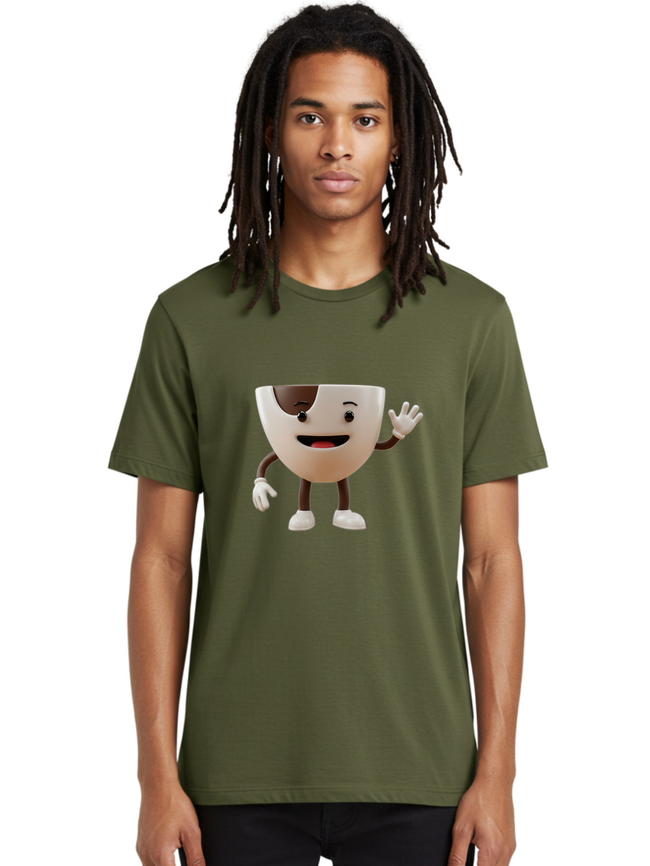 Coffee-Cup-Character-2 Men'S Graphic Tee, 100% Cotton, Comfortable Casual Summer Wear, Machine Washable, Cartoon Coffee Cup, Cute Character, Smiling Face, Waving Hand, Coffee Lover, Animated Mascot, Fun Design, Playful Illustration, Baa361