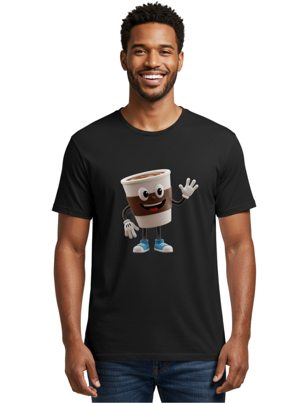 Coffee-Cup-Character Men'S Graphic Tee, 100% Cotton, Comfortable Casual Summer Wear, Machine Washable, Cartoon Coffee Cup, Happy Face, Waving Hand, Blue Sneakers, Coffee Lover, Morning Pick-Me-Up, Animated Beverage, Friendly Character, Baa362