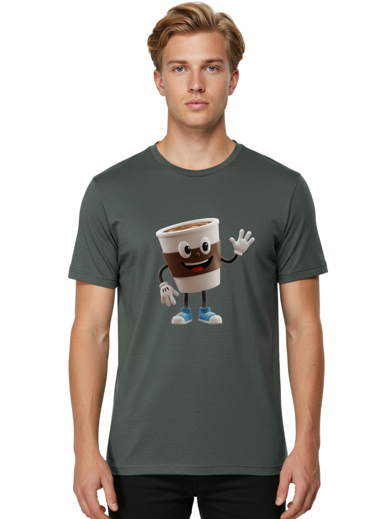 Coffee-Cup-Character Men'S Graphic Tee, 100% Cotton, Comfortable Casual Summer Wear, Machine Washable, Cartoon Coffee Cup, Happy Face, Waving Hand, Blue Sneakers, Coffee Lover, Morning Pick-Me-Up, Animated Beverage, Friendly Character, Baa362