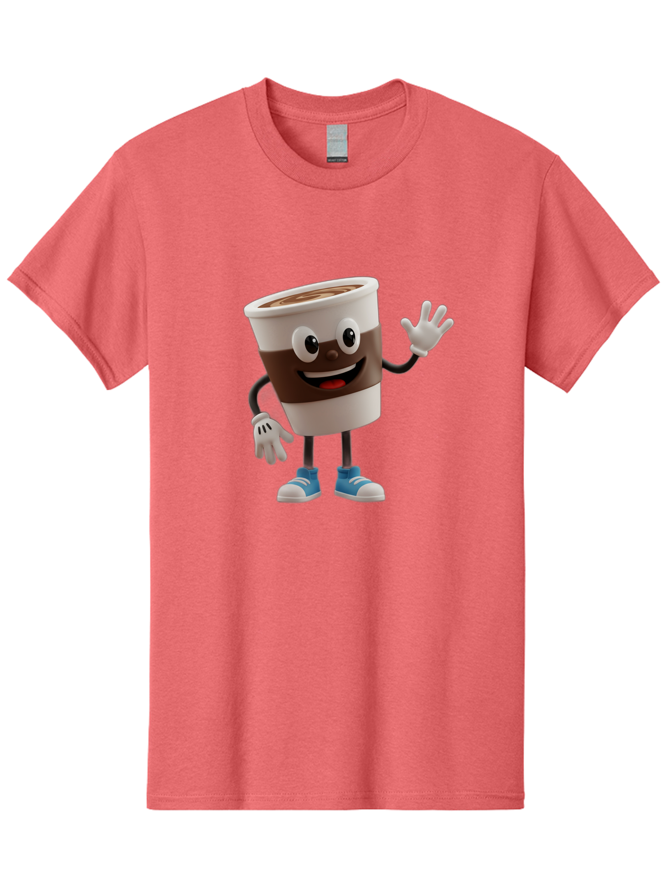 Coffee-Cup-Character Men'S Graphic Tee, 100% Cotton, Comfortable Casual Summer Wear, Machine Washable, Cartoon Coffee Cup, Happy Face, Waving Hand, Blue Sneakers, Coffee Lover, Morning Pick-Me-Up, Animated Beverage, Friendly Character, Baa362