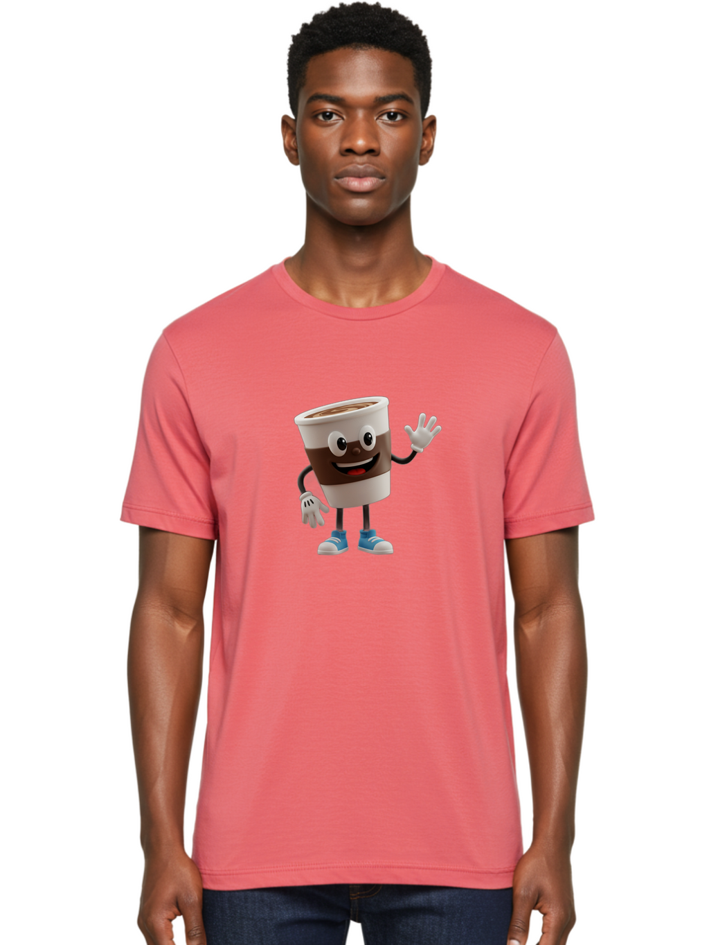 Coffee-Cup-Character Men'S Graphic Tee, 100% Cotton, Comfortable Casual Summer Wear, Machine Washable, Cartoon Coffee Cup, Happy Face, Waving Hand, Blue Sneakers, Coffee Lover, Morning Pick-Me-Up, Animated Beverage, Friendly Character, Baa362