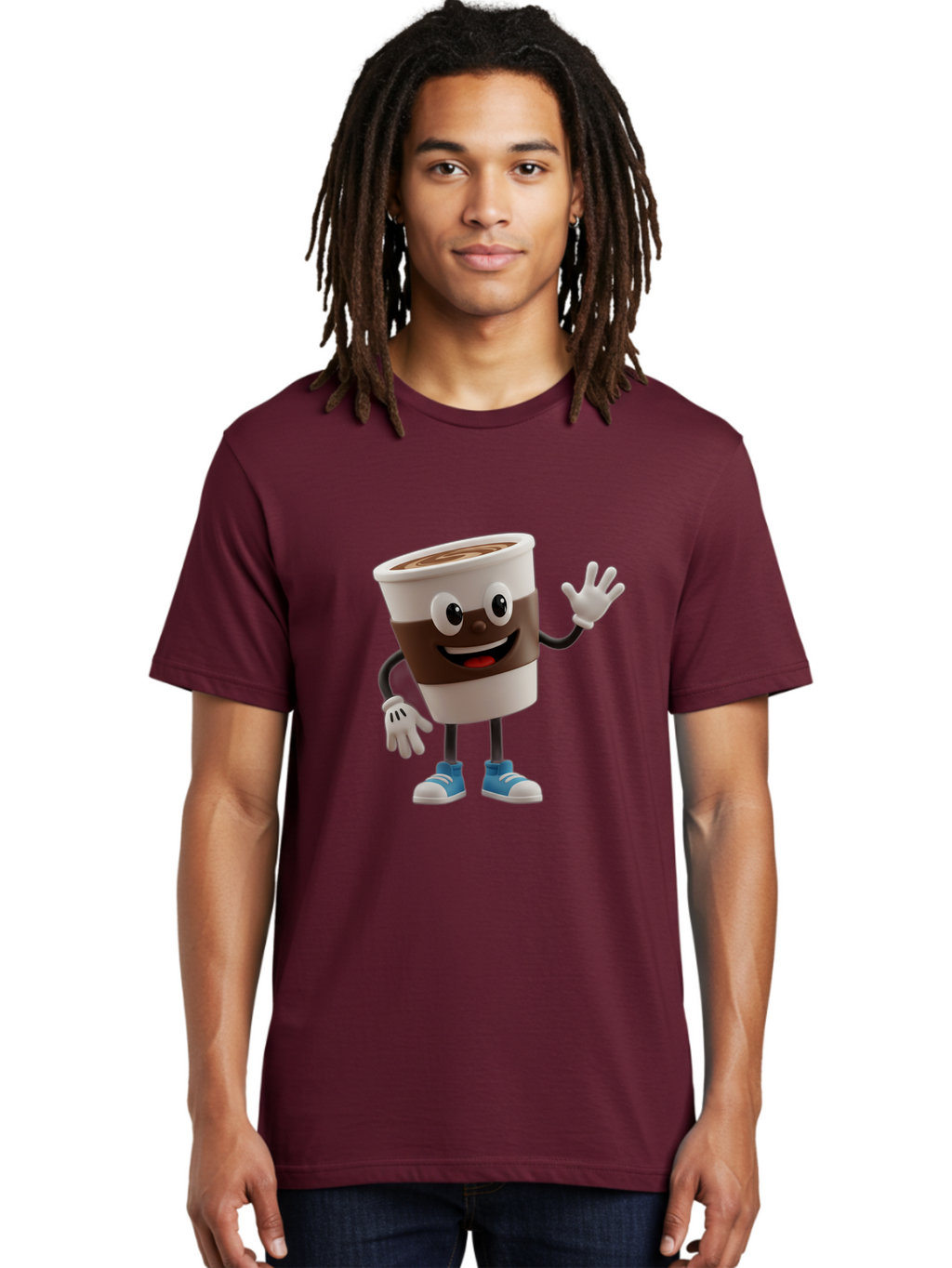 Coffee-Cup-Character Men'S Graphic Tee, 100% Cotton, Comfortable Casual Summer Wear, Machine Washable, Cartoon Coffee Cup, Happy Face, Waving Hand, Blue Sneakers, Coffee Lover, Morning Pick-Me-Up, Animated Beverage, Friendly Character, Baa362