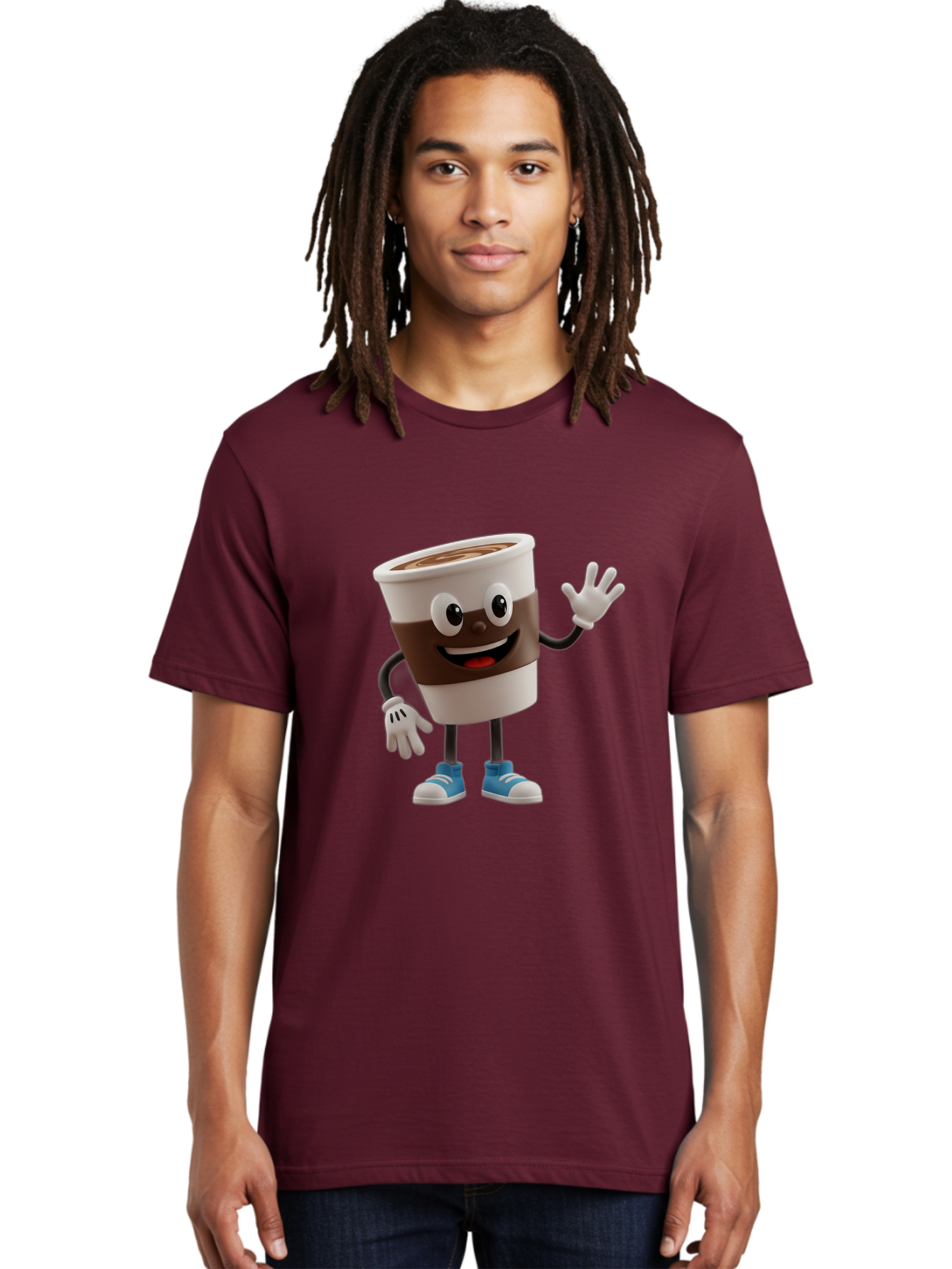 Coffee-Cup-Character Men'S Graphic Tee, 100% Cotton, Comfortable Casual Summer Wear, Machine Washable, Cartoon Coffee Cup, Happy Face, Waving Hand, Blue Sneakers, Coffee Lover, Morning Pick-Me-Up, Animated Beverage, Friendly Character, Baa362