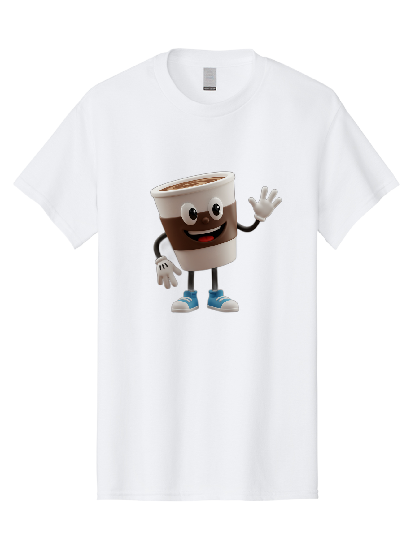Coffee-Cup-Character Men'S Graphic Tee, 100% Cotton, Comfortable Casual Summer Wear, Machine Washable, Cartoon Coffee Cup, Happy Face, Waving Hand, Blue Sneakers, Coffee Lover, Morning Pick-Me-Up, Animated Beverage, Friendly Character, Baa362
